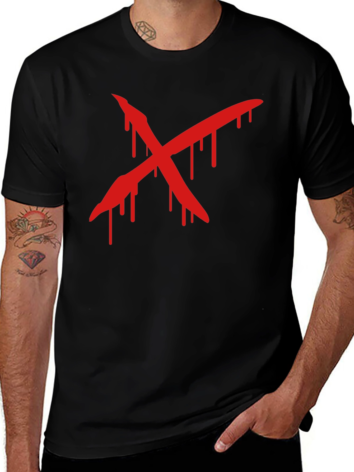 Variant 19 of Dripping Red X Graphic Tee - Cool Black T-Shirt