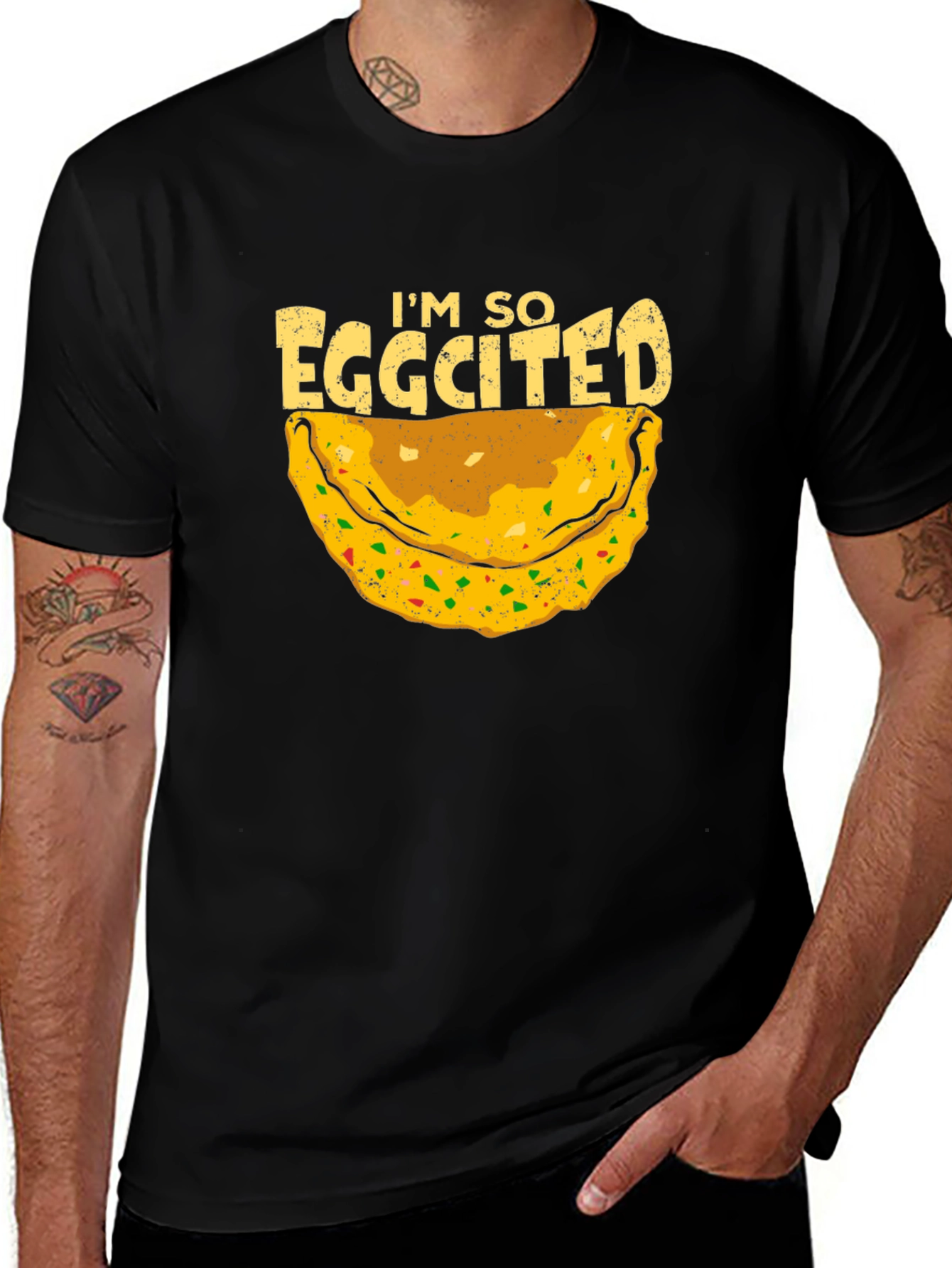 Variant 16 of Eggcited Black T-Shirt - Funny Foodie Tee