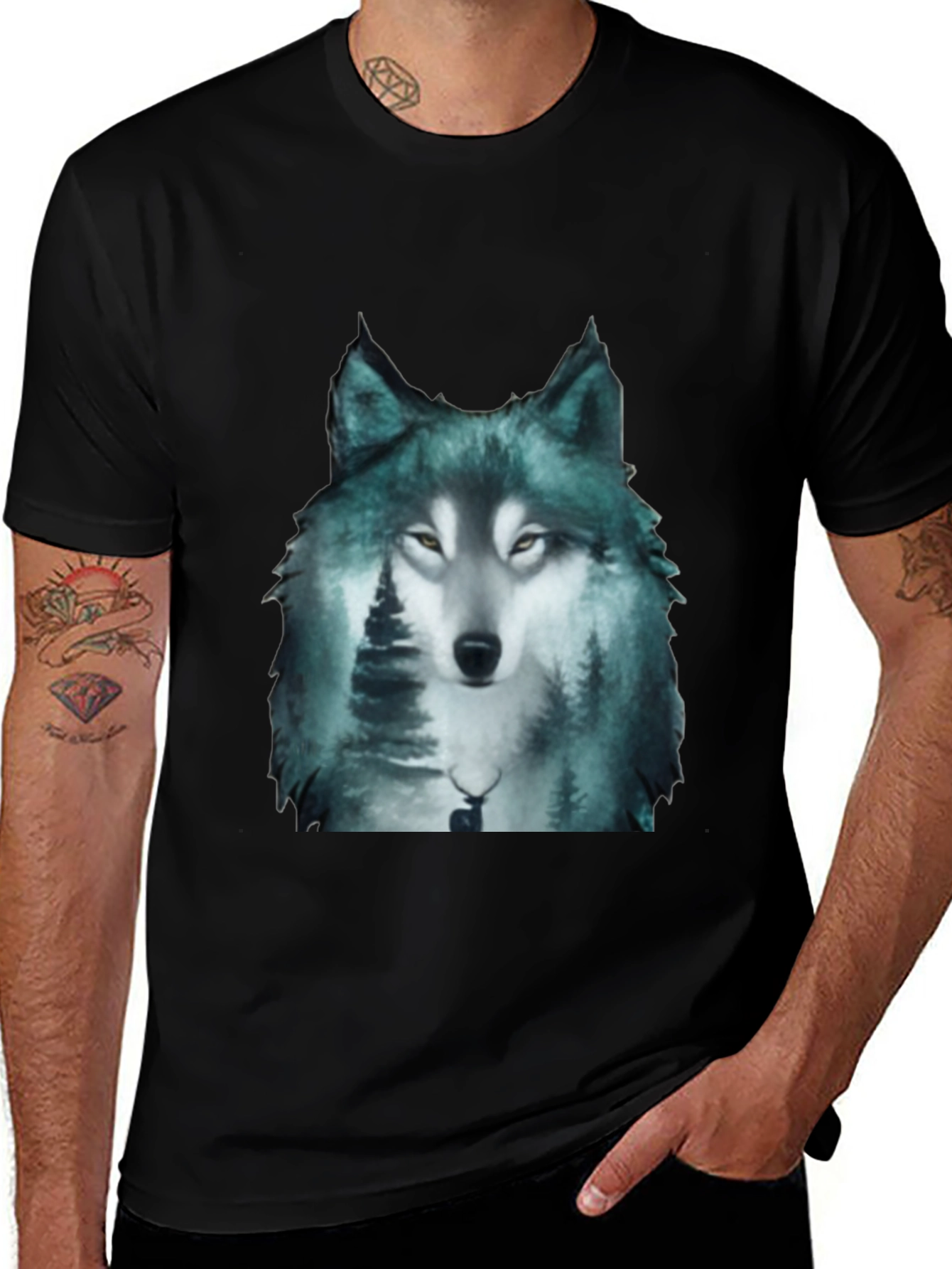 Variant 5 of Wolf Forest Print Black T-Shirt