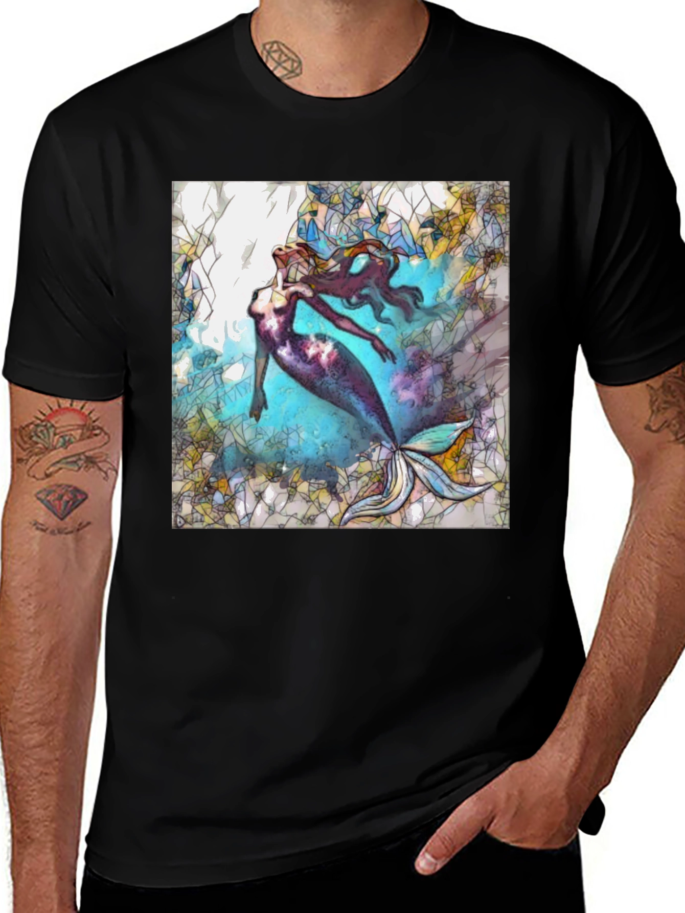 Variant 21 of Mermaid Stained Glass Style Black T-Shirt