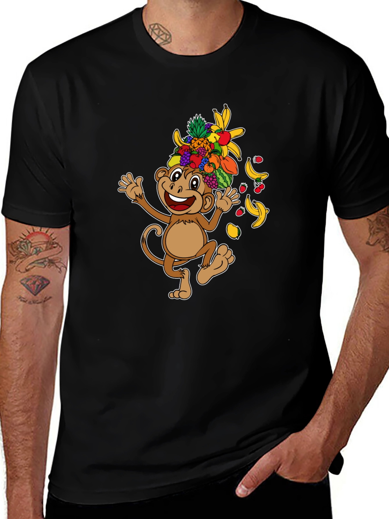 Variant 13 of Fun Monkey Fruit Head T-Shirt - Black Cotton Tee