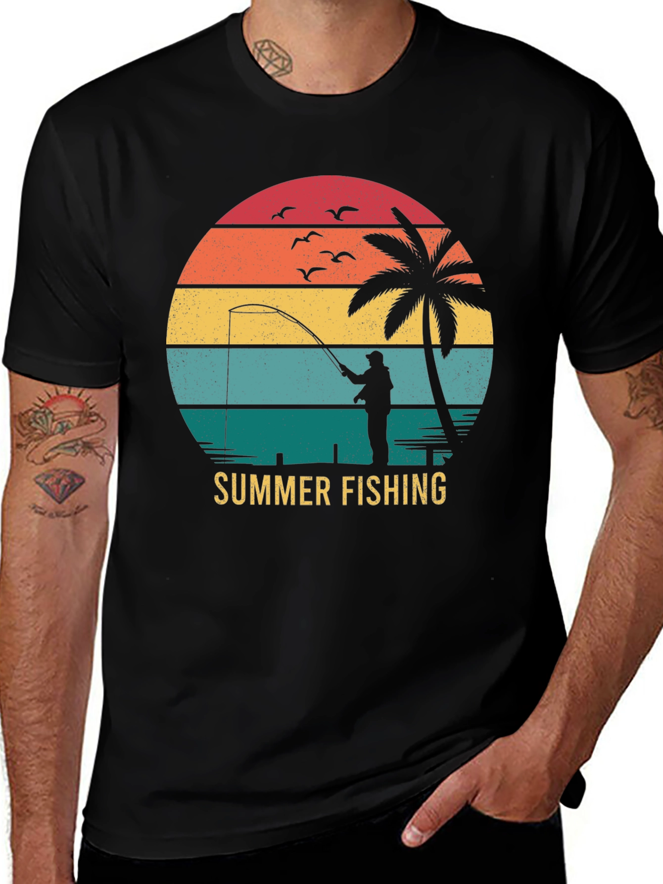 Variant 23 of Summer Fishing T-Shirt Retro Sunset Palm Tree Angler Tee