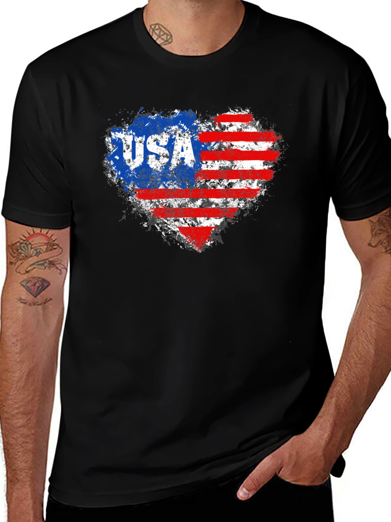 Black USA Flag Heart Graphic Tee - Patriotic American Pride T-Shirt main image