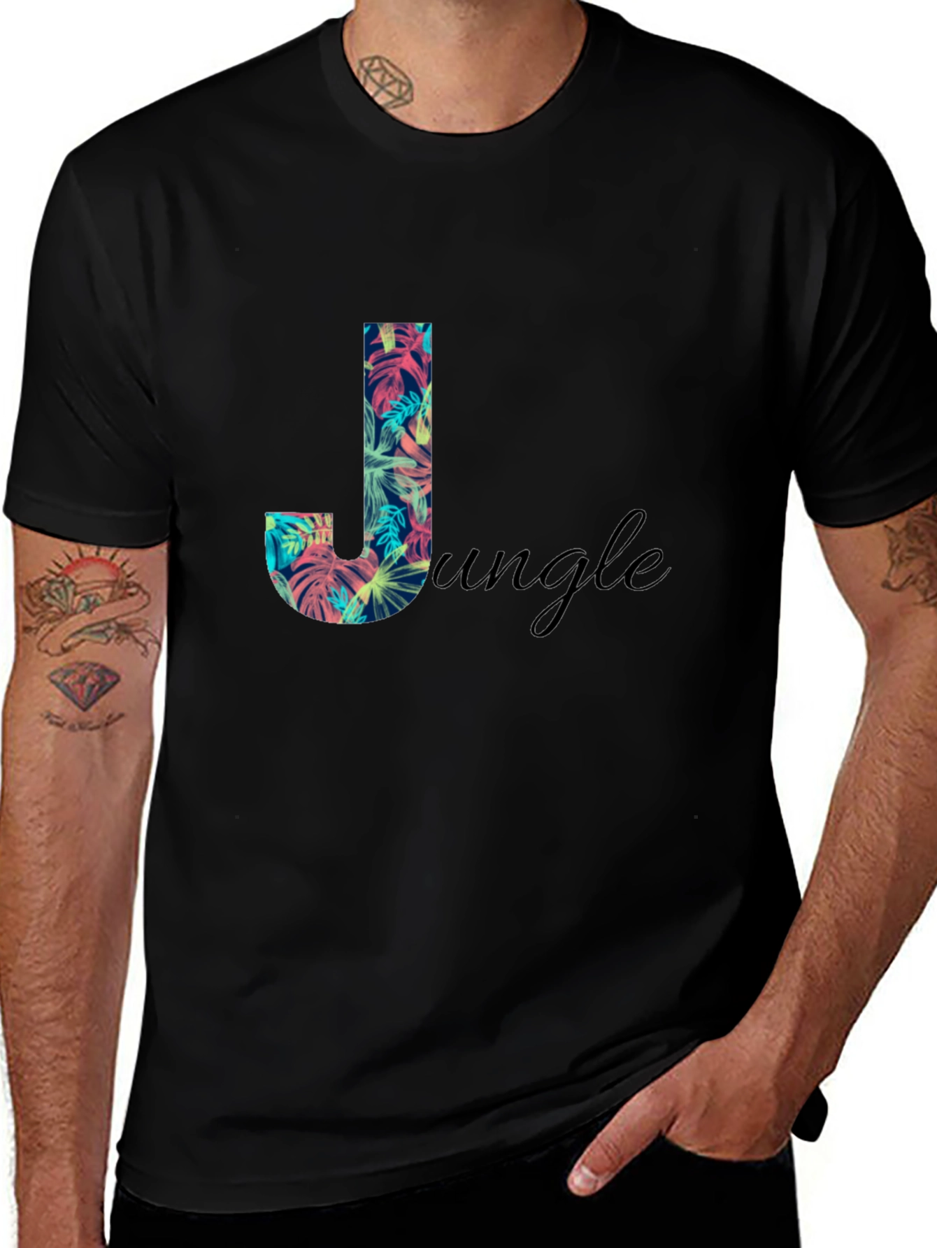 Variant 4 of Tropical Jungle Letter Graphic Black T-Shirt