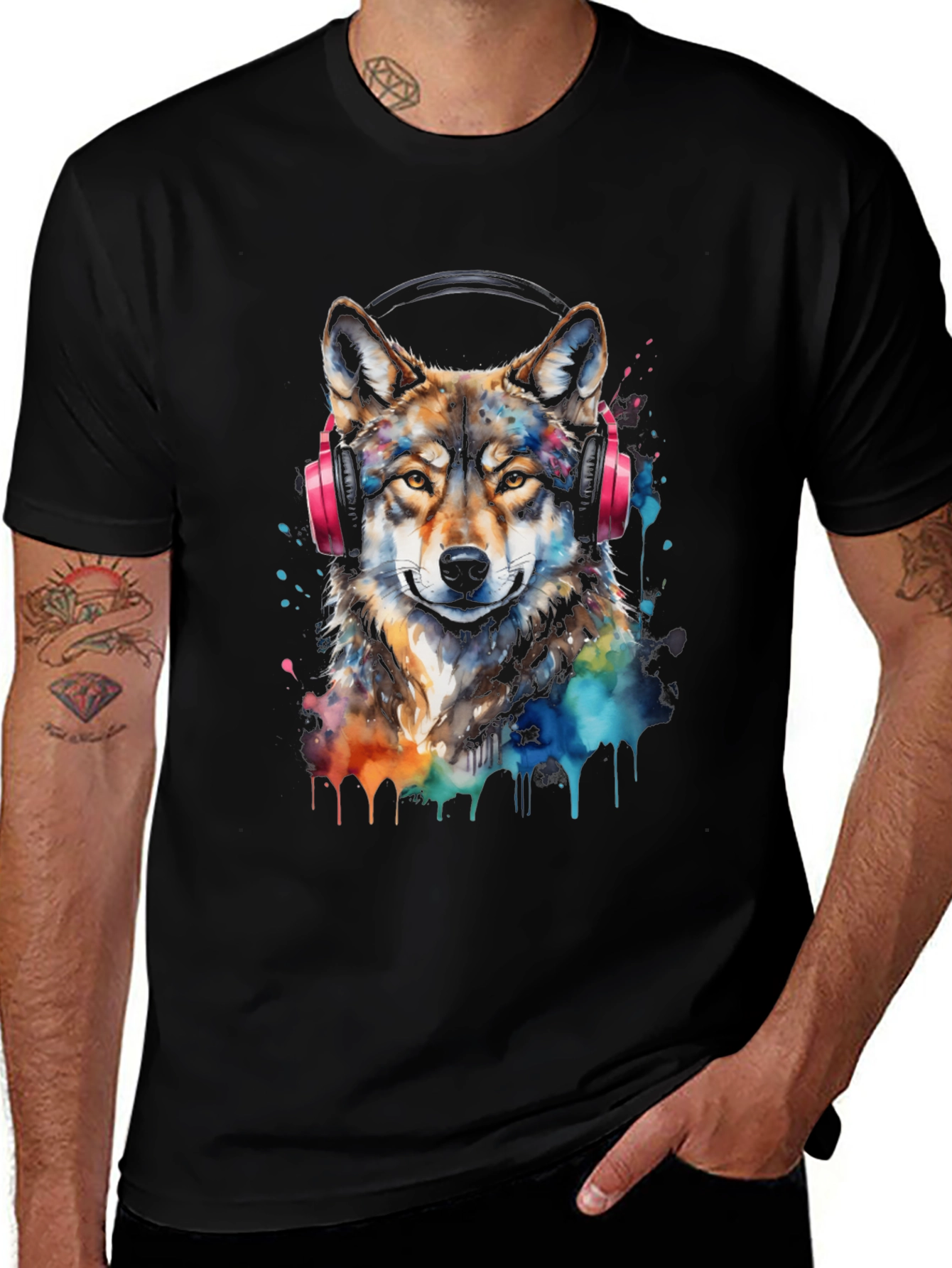 Variant 20 of Wolf Headphone T-Shirt - Colorful Animal Design