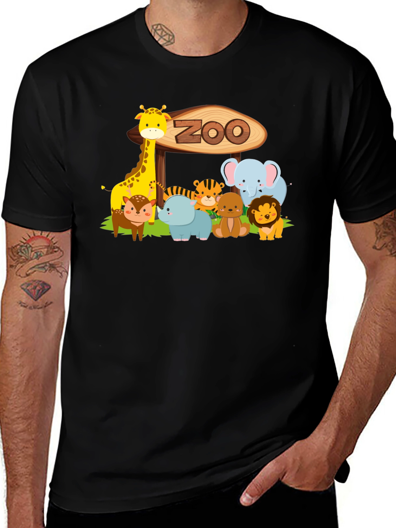 Variant 4 of Zoo Animal Cartoon Graphic Black T-Shirt