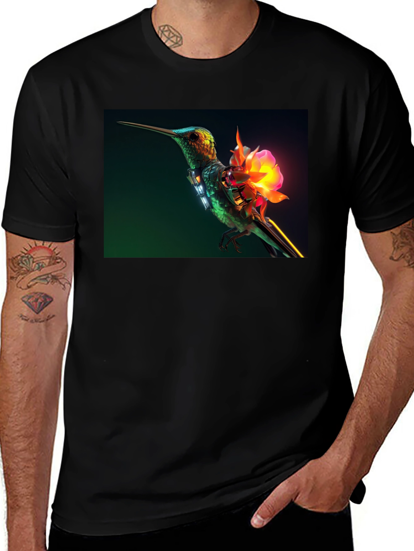 Variant 7 of Hummingbird with Neon Flower Graphic Tee