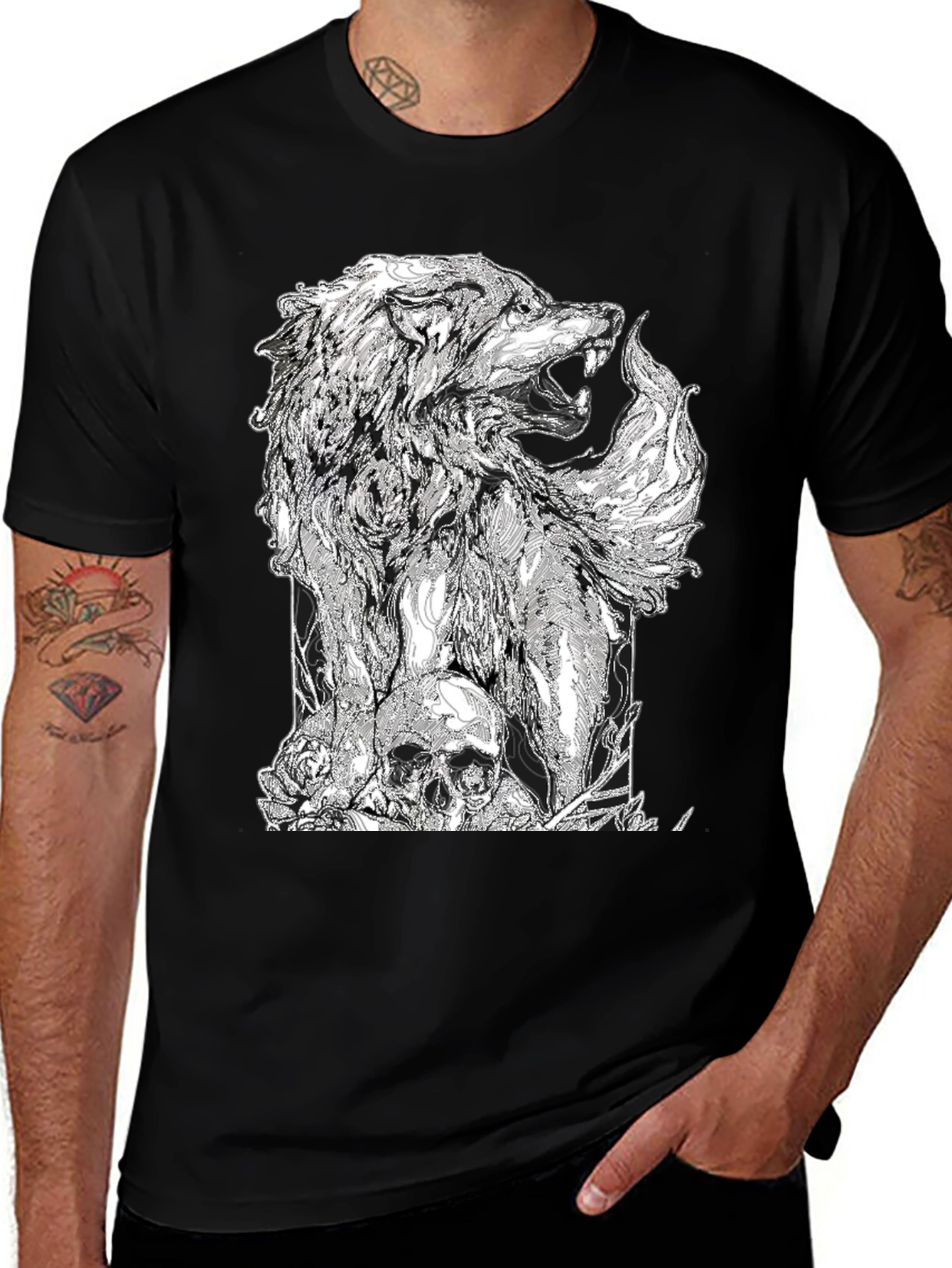 Variant 13 of Wolf and Skull Graphic Print Black T-Shirt