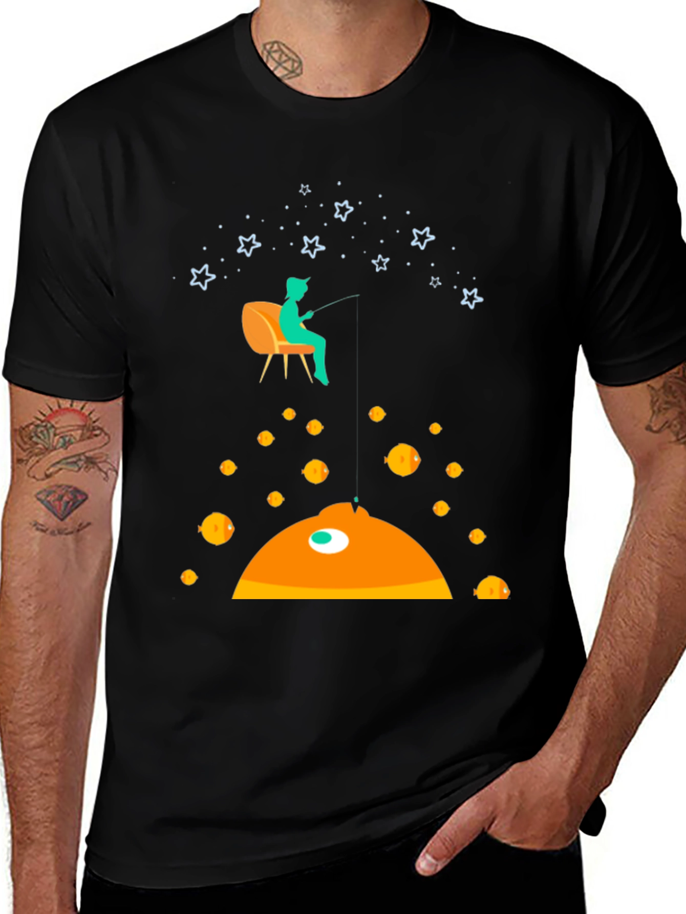 Variant 18 of Fishing For Stars Graphic Tee - Black Cotton T-Shirt