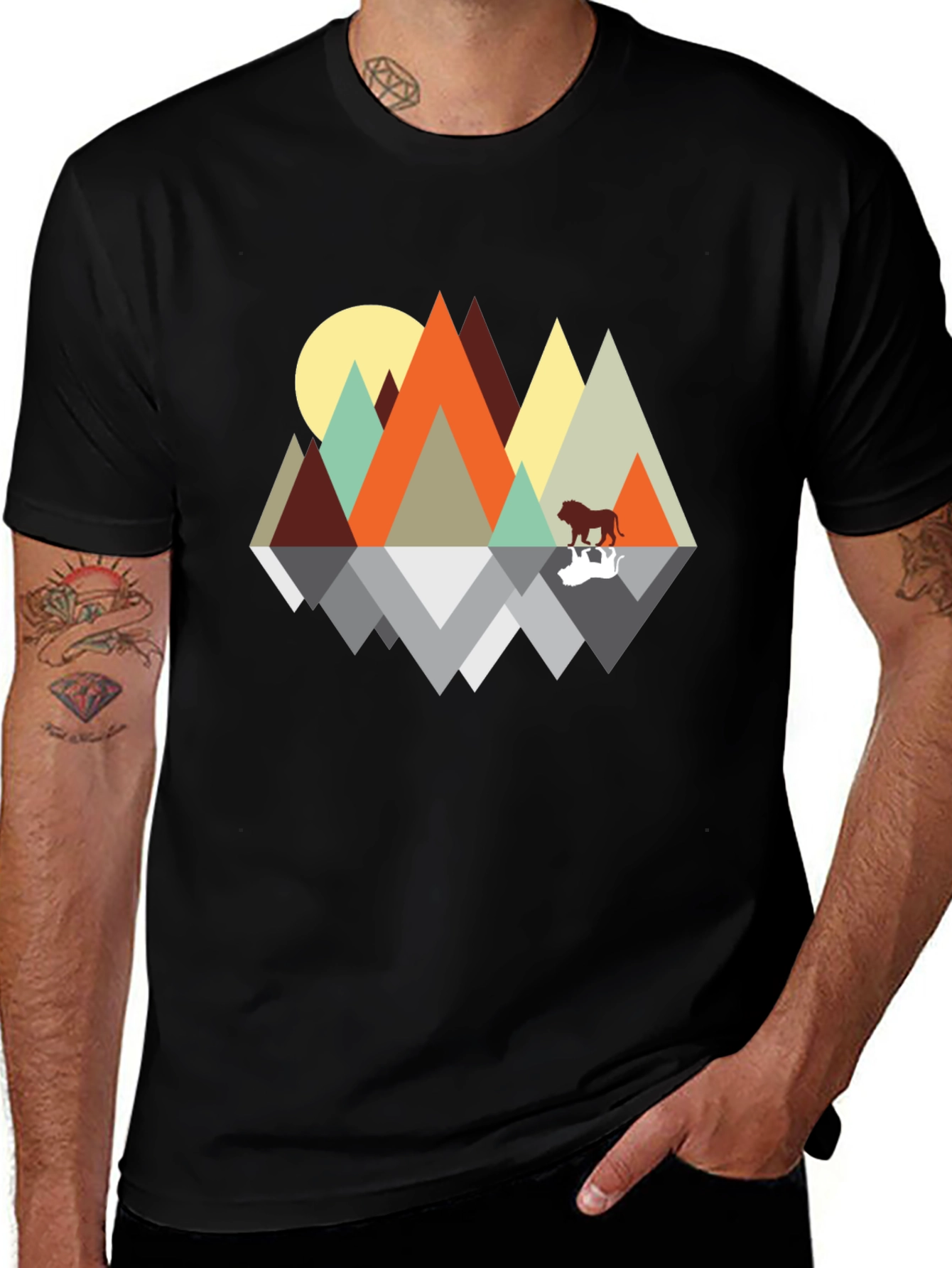 Variant 2 of Geometric Mountain & Lion Graphic Tee - Black
