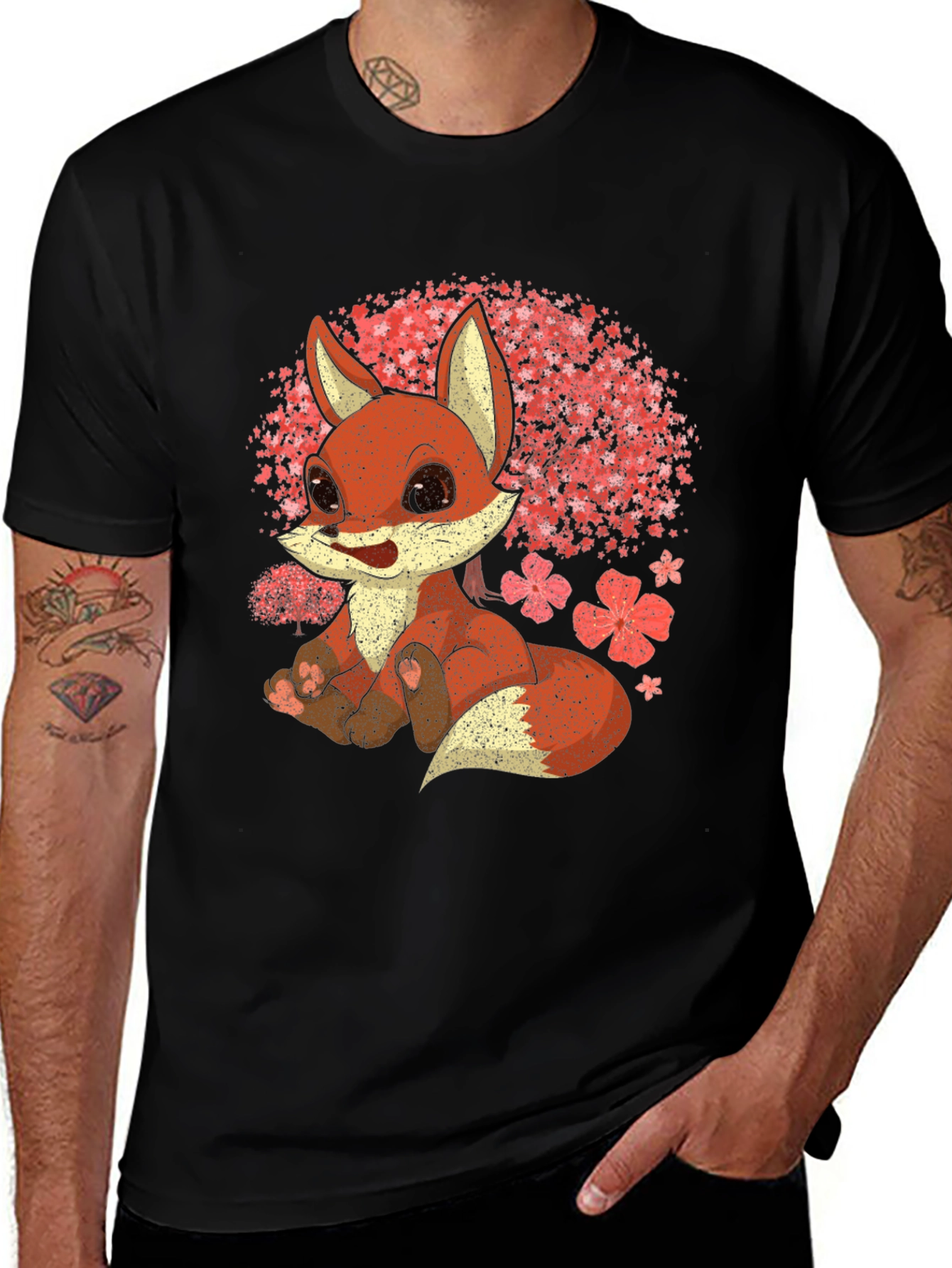 Black Cute Fox T-Shirt - Cherry Blossom Design main image