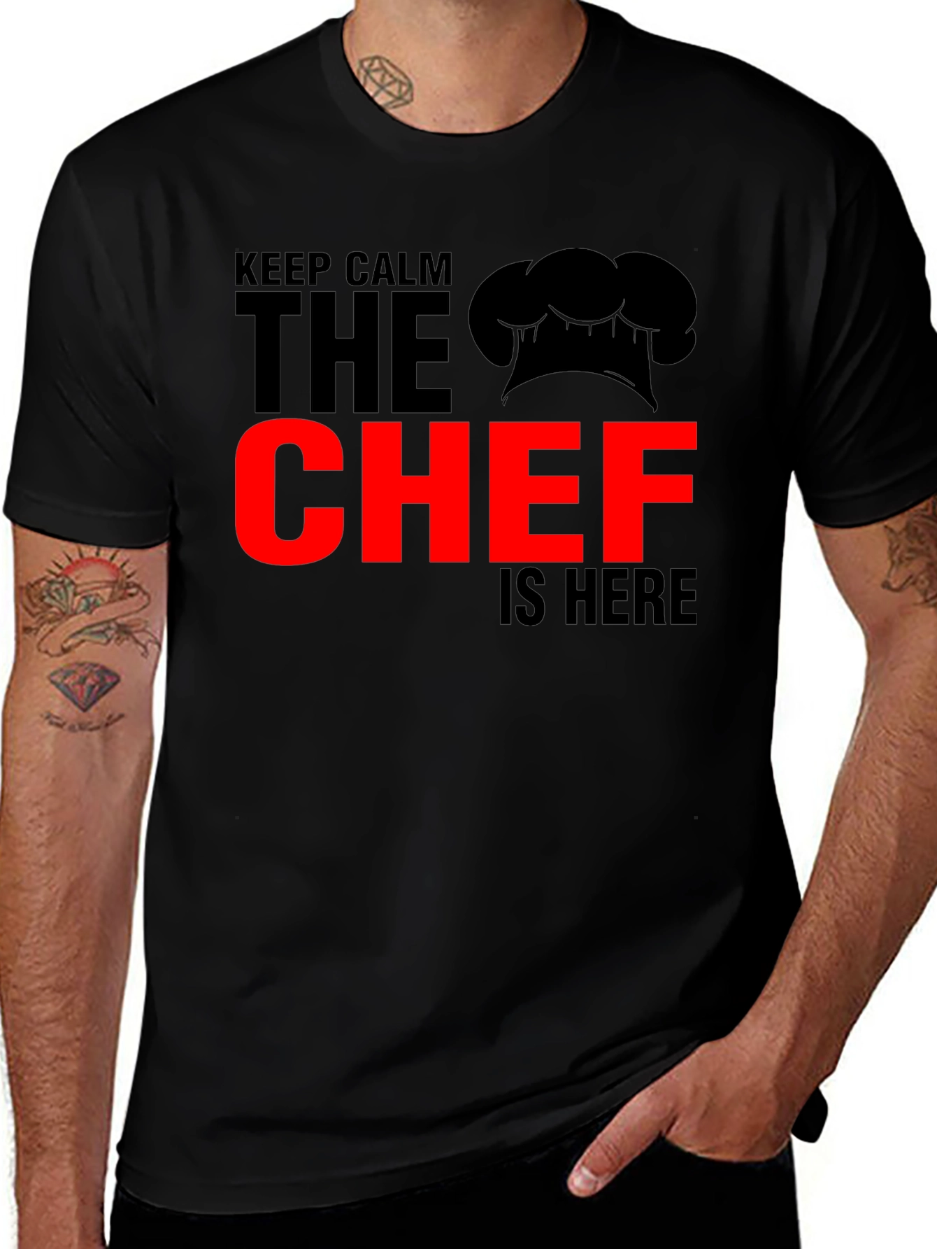 Variant 30 of Keep Calm Chef is Here T-Shirt, Black Crew Neck