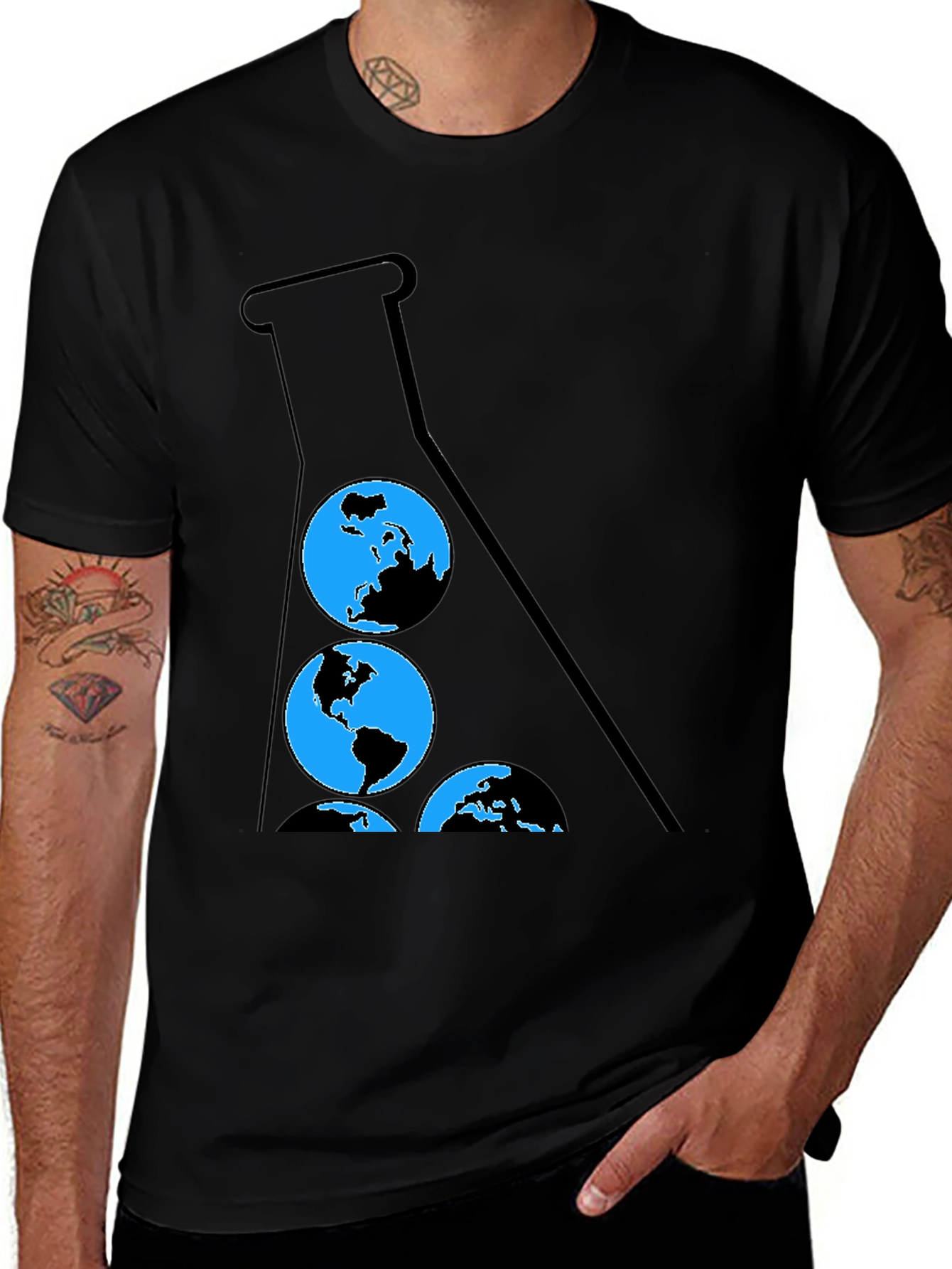 Variant 4 of Eco Science Black T-Shirt: Globe Flask Design