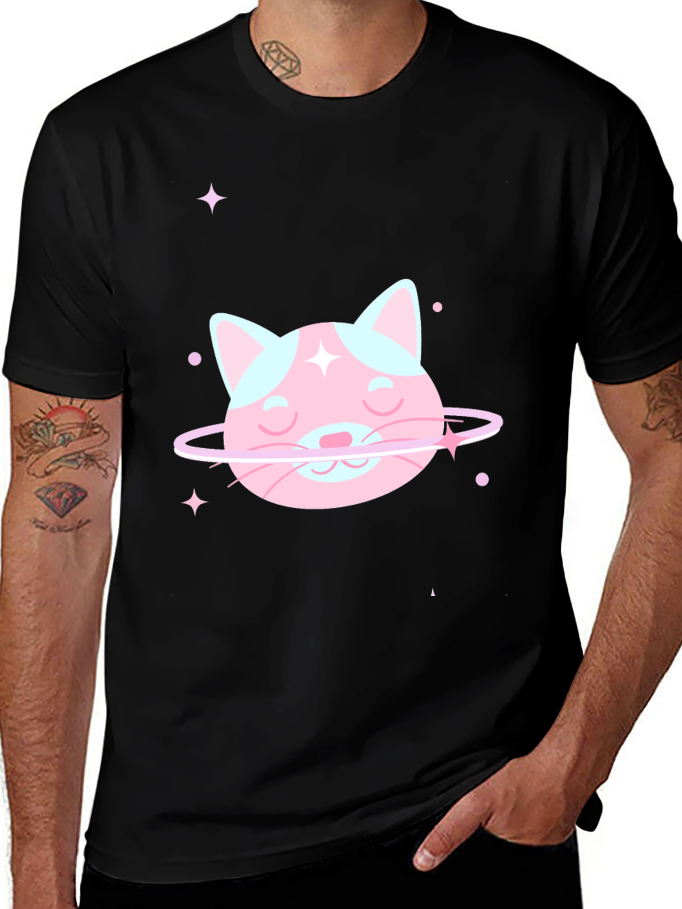 Variant 6 of Cute Cat Planet Graphic Tee - Black Cotton T-Shirt