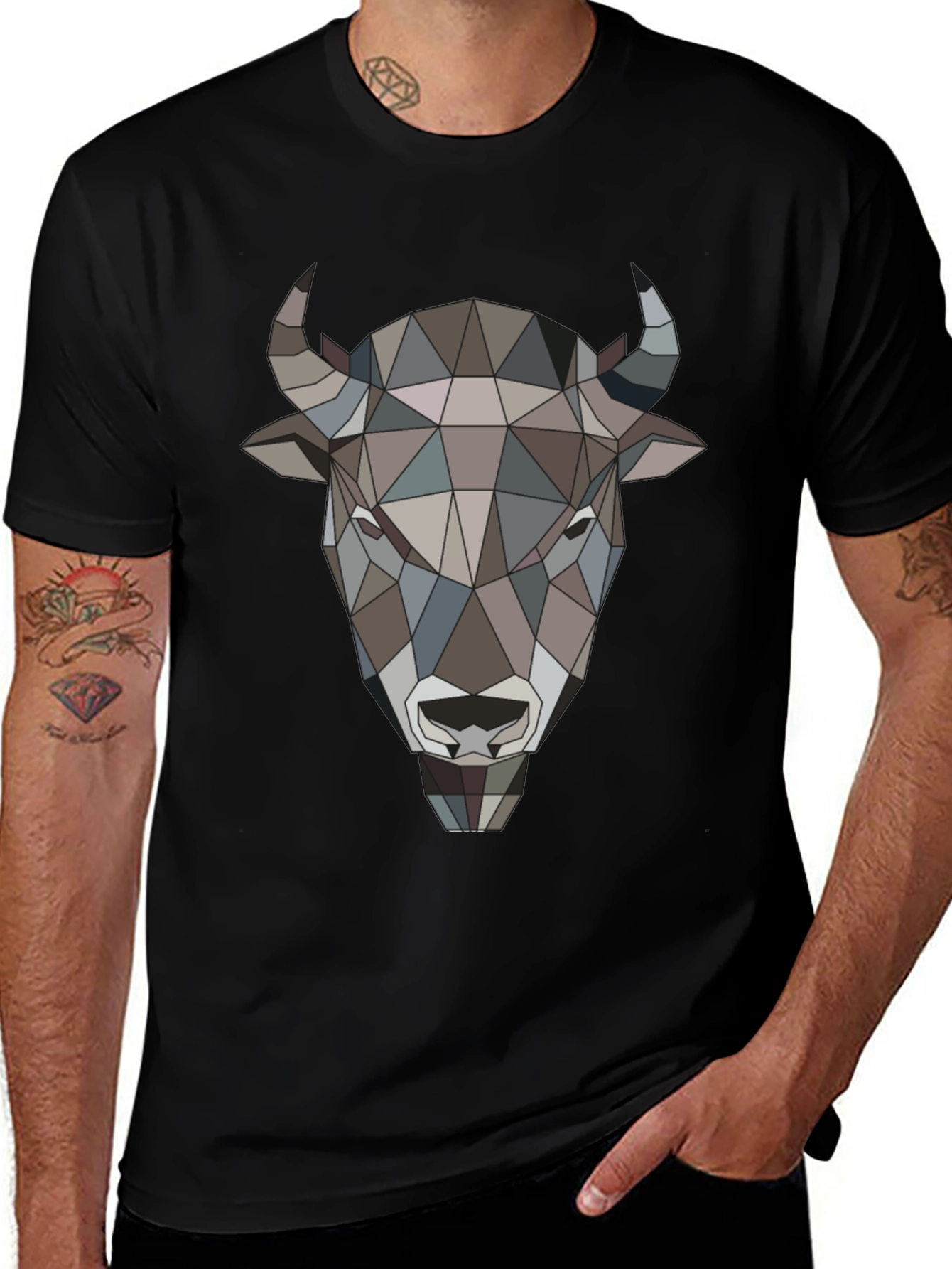 Variant 20 of Geometric Buffalo Head Graphic Tee - Men's Black T-Shirt