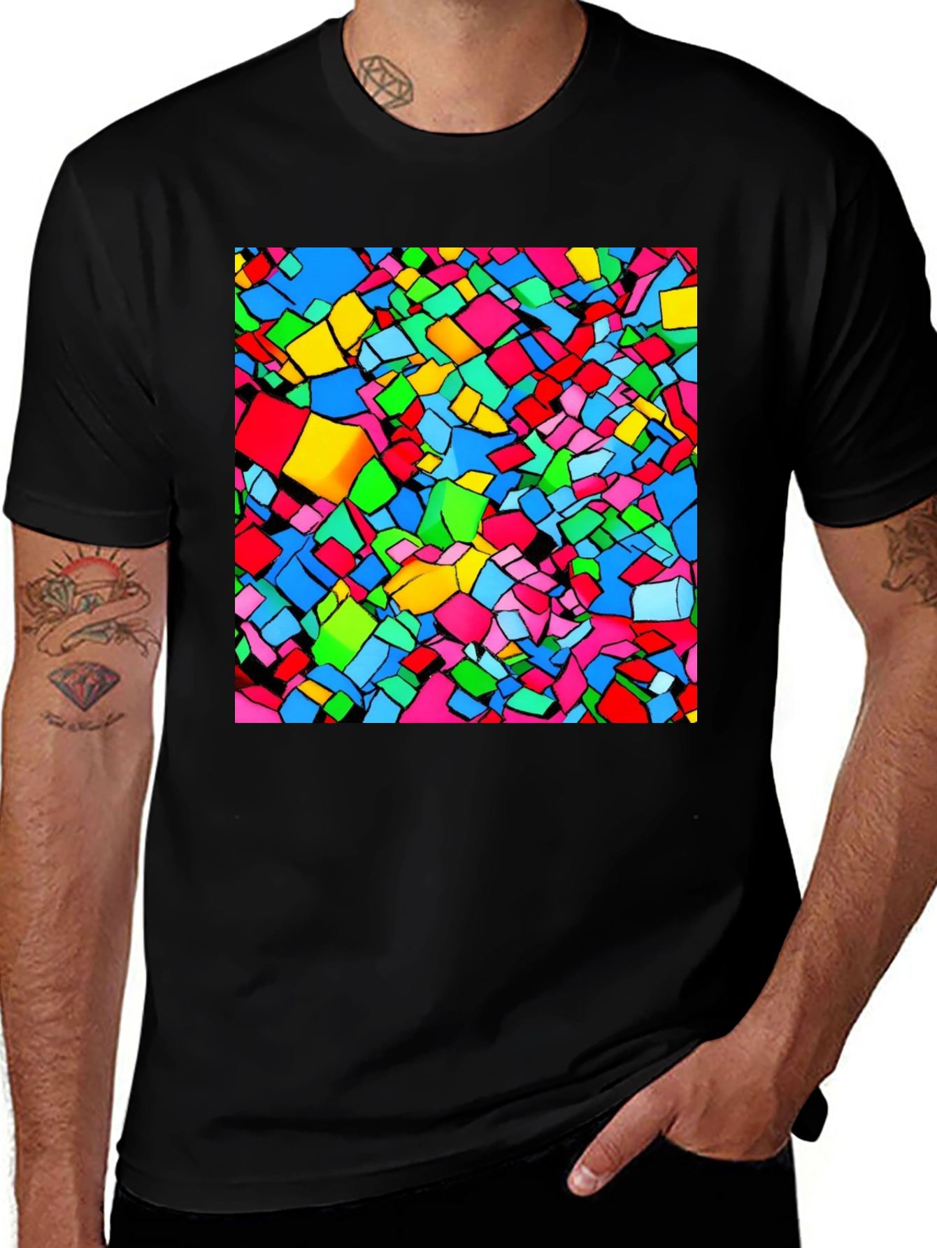 Variant 3 of Geometric Colorful Block Pattern Black T-Shirt