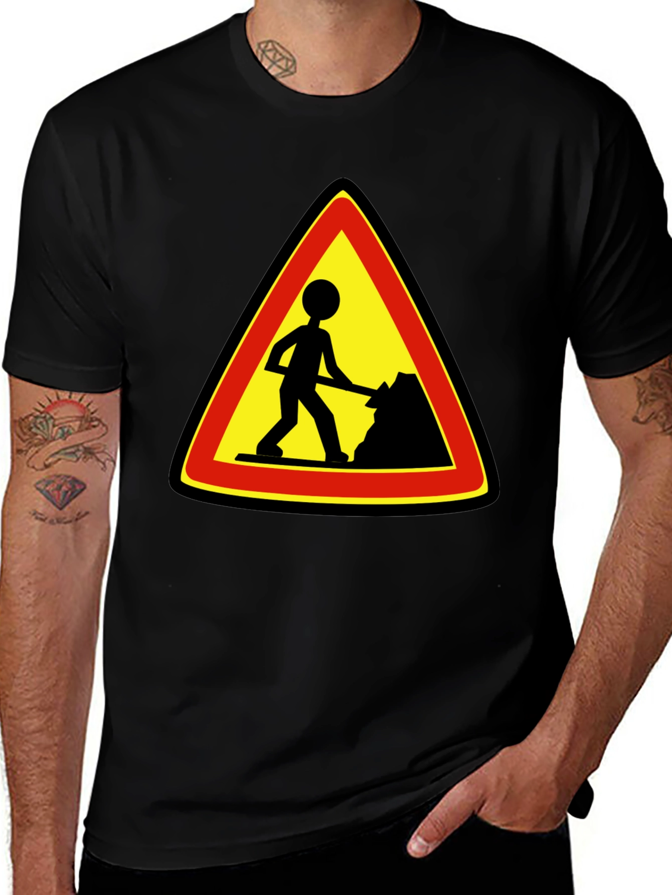 Variant 25 of Men's Black T-Shirt with Road Work Sign Graphic