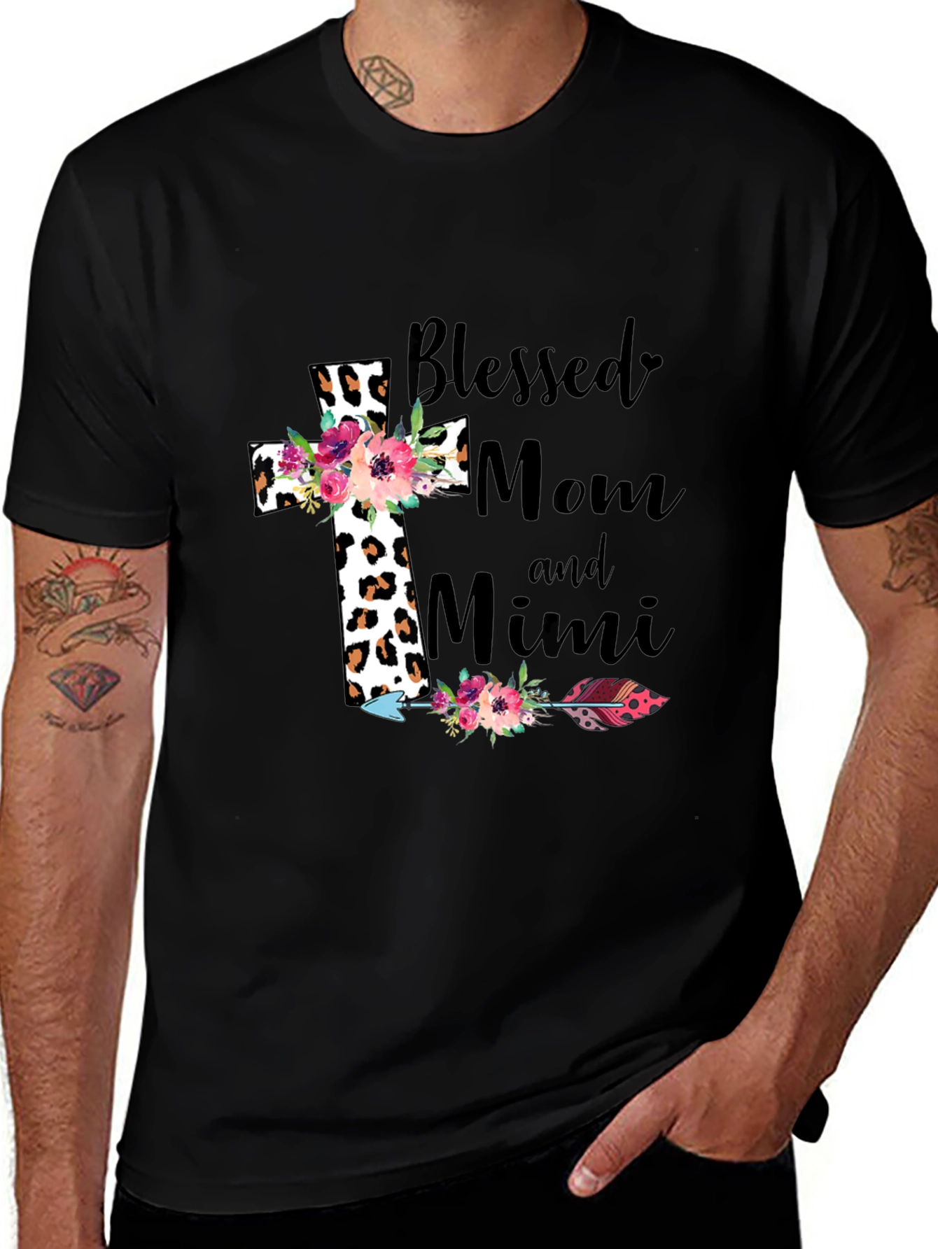 Variant 8 of Blessed Mom and Mimi Leopard Cross Graphic T-Shirt