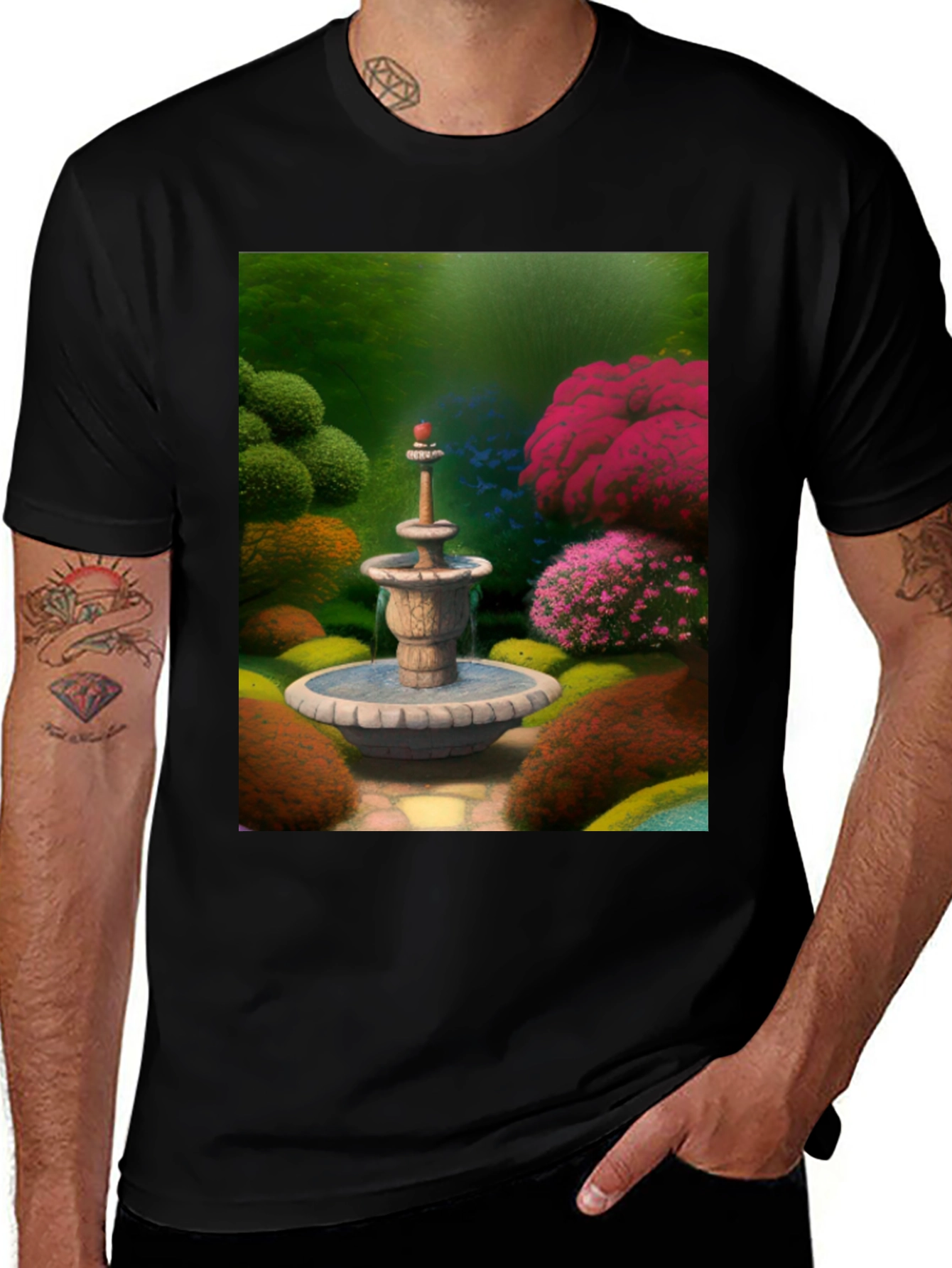 Variant 4 of Fountain Garden T-Shirt, Black Crew Neck Tee