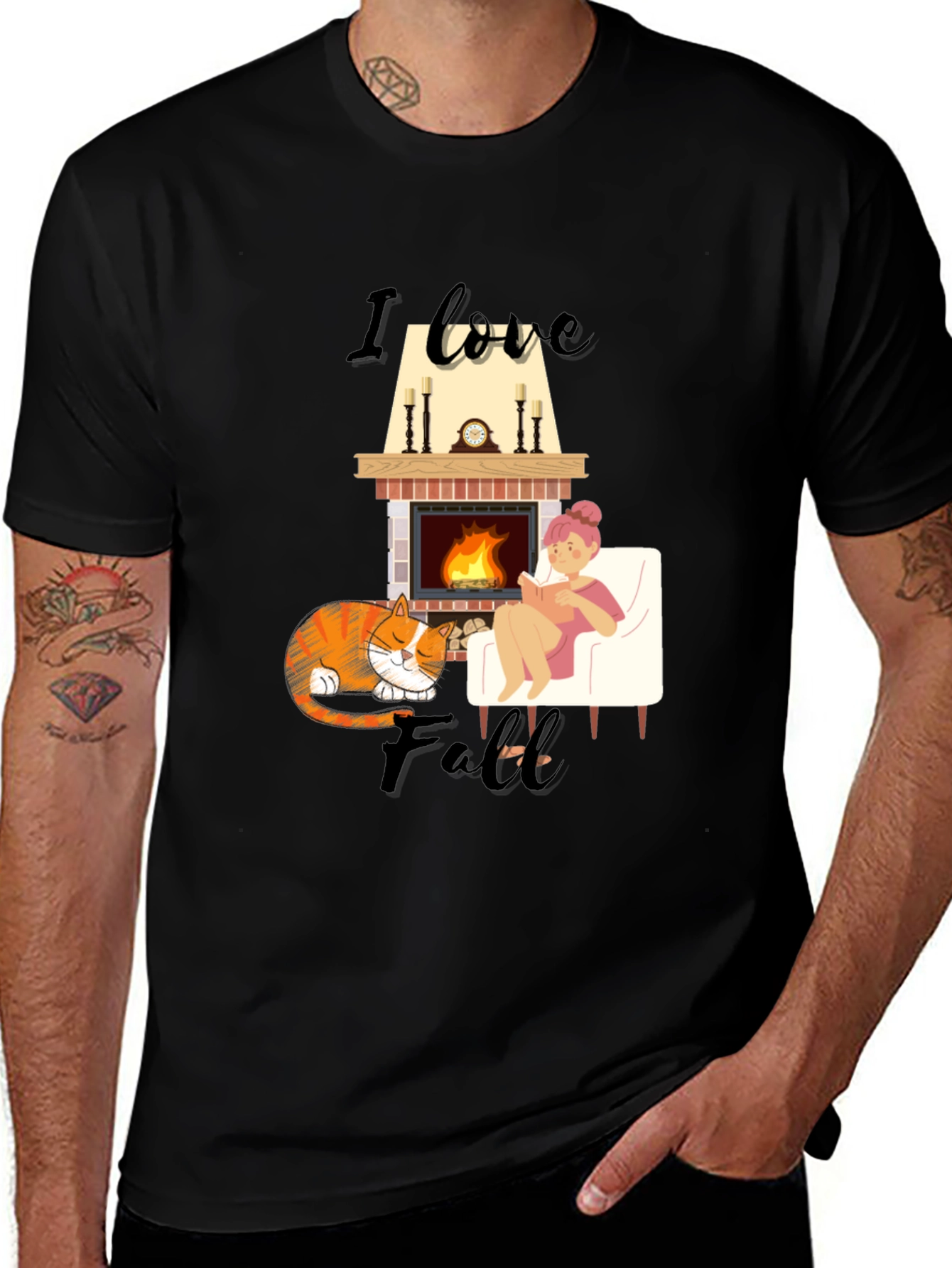 Variant 27 of Cozy Fall T-Shirt: Cat, Fireplace, and Comfort