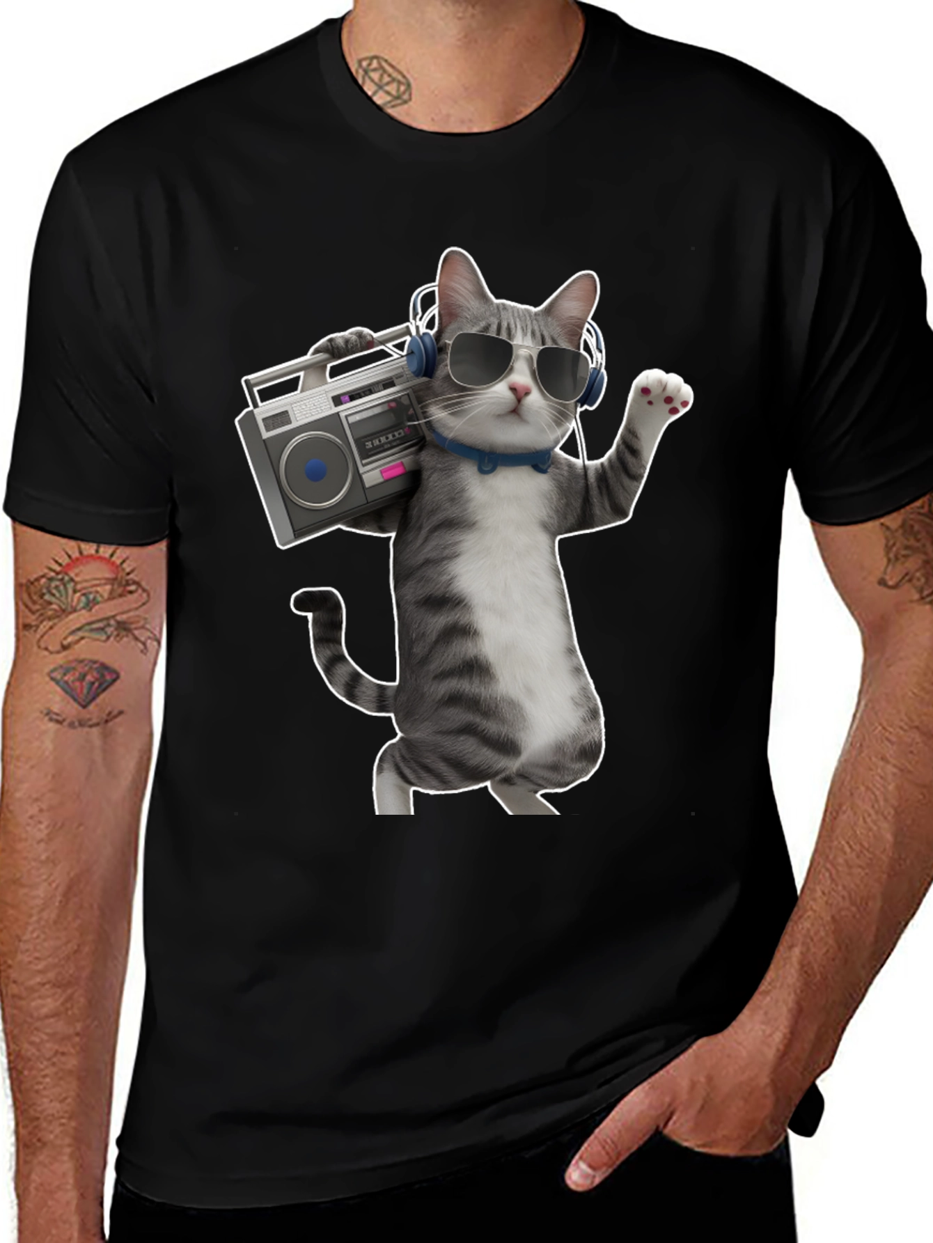 Cool Cat with Boombox Graphic T-Shirt