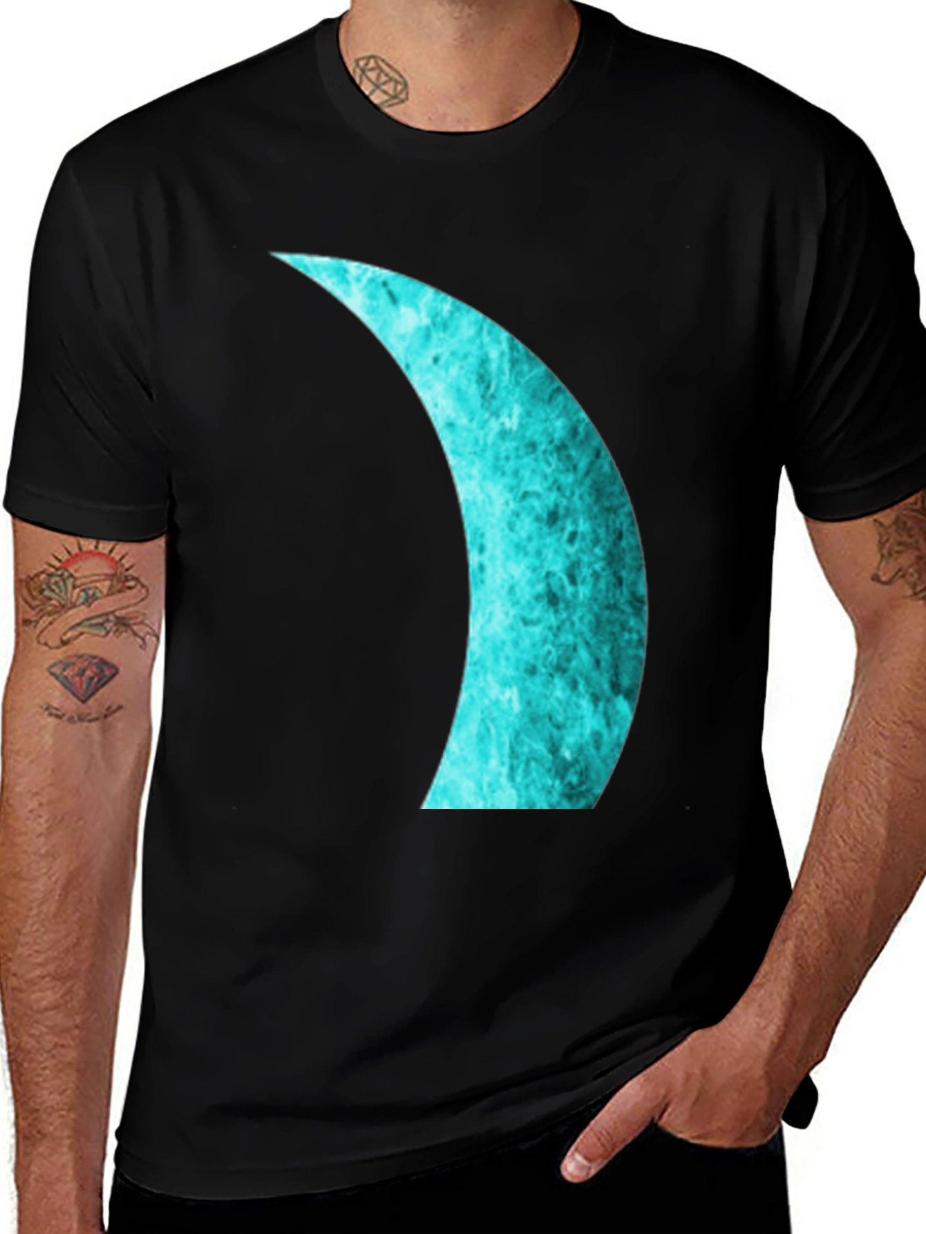 Variant 2 of Aqua Crescent Moon Graphic Black T-Shirt