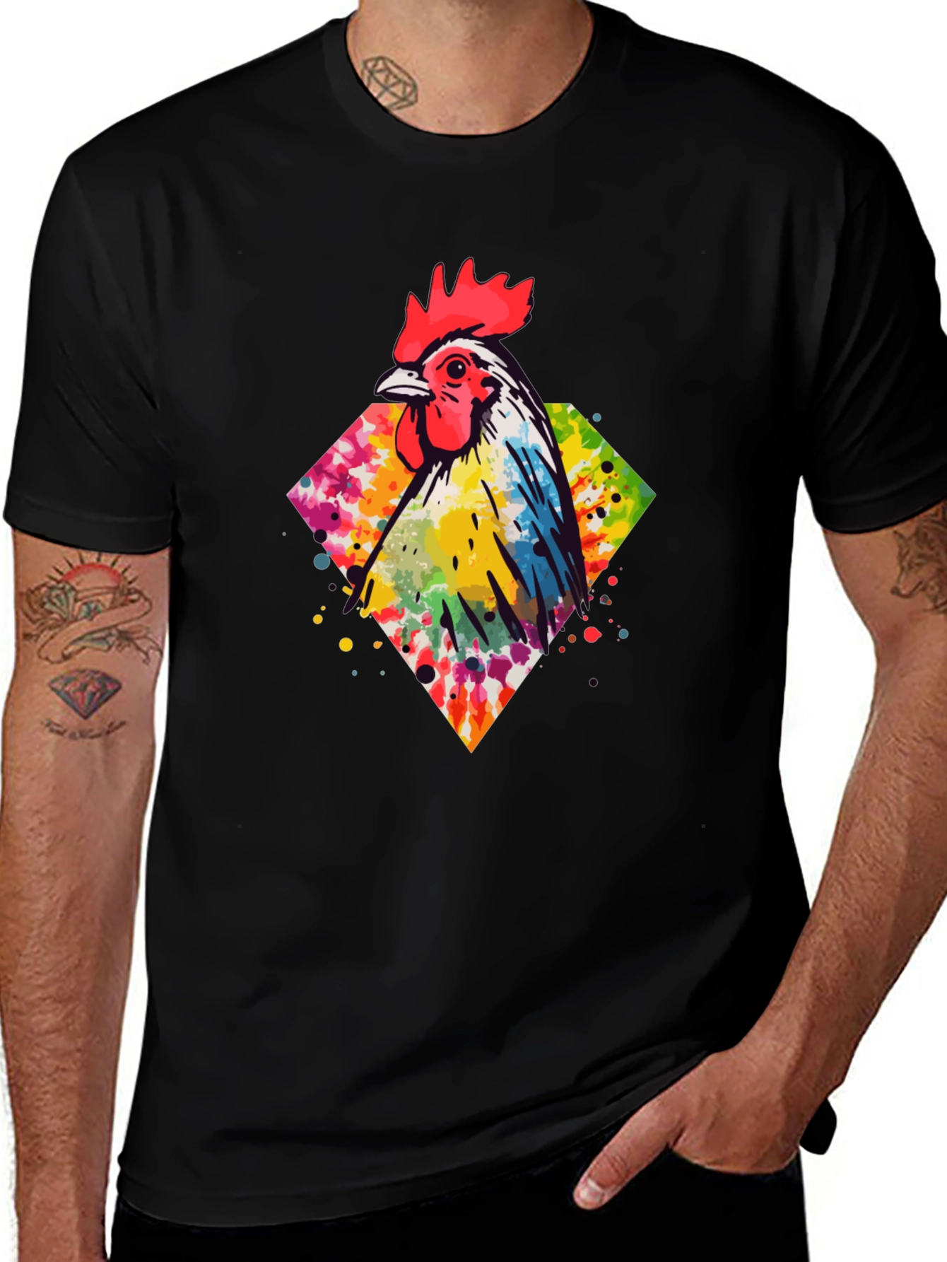 Black Watercolor Rooster Graphic Tee - Men's Black T-Shirt main image