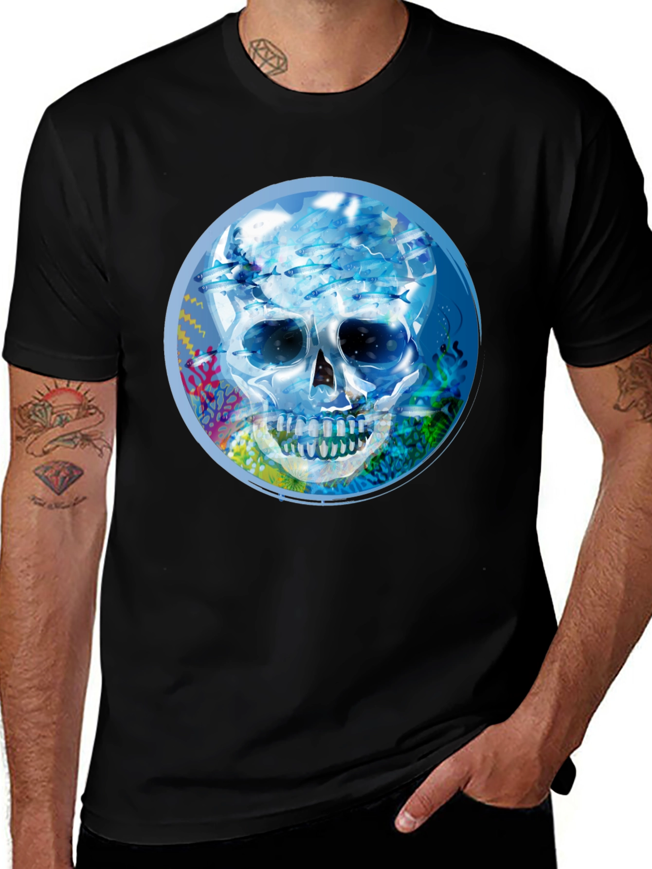 Variant 25 of Skull Undersea Print Black T-Shirt