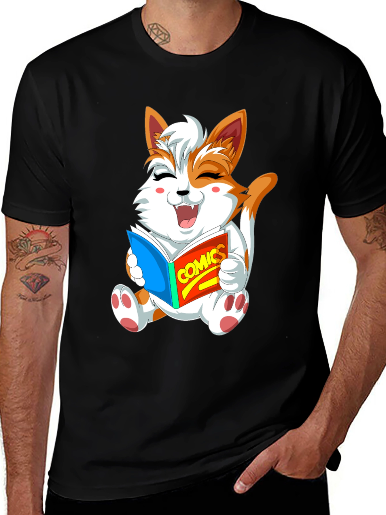 Variant 25 of Cute Cartoon Cat Reading Comics T-Shirt