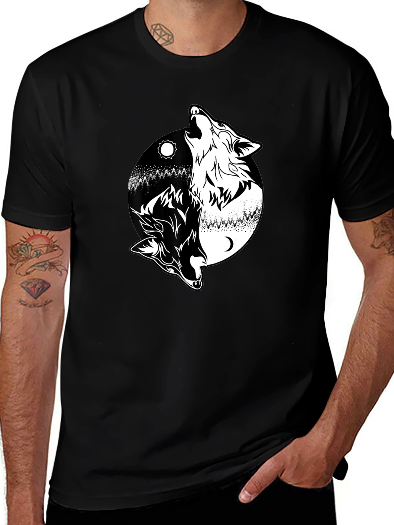 Variant 27 of Yin Yang Wolves Graphic Tee - Black Cotton T-Shirt