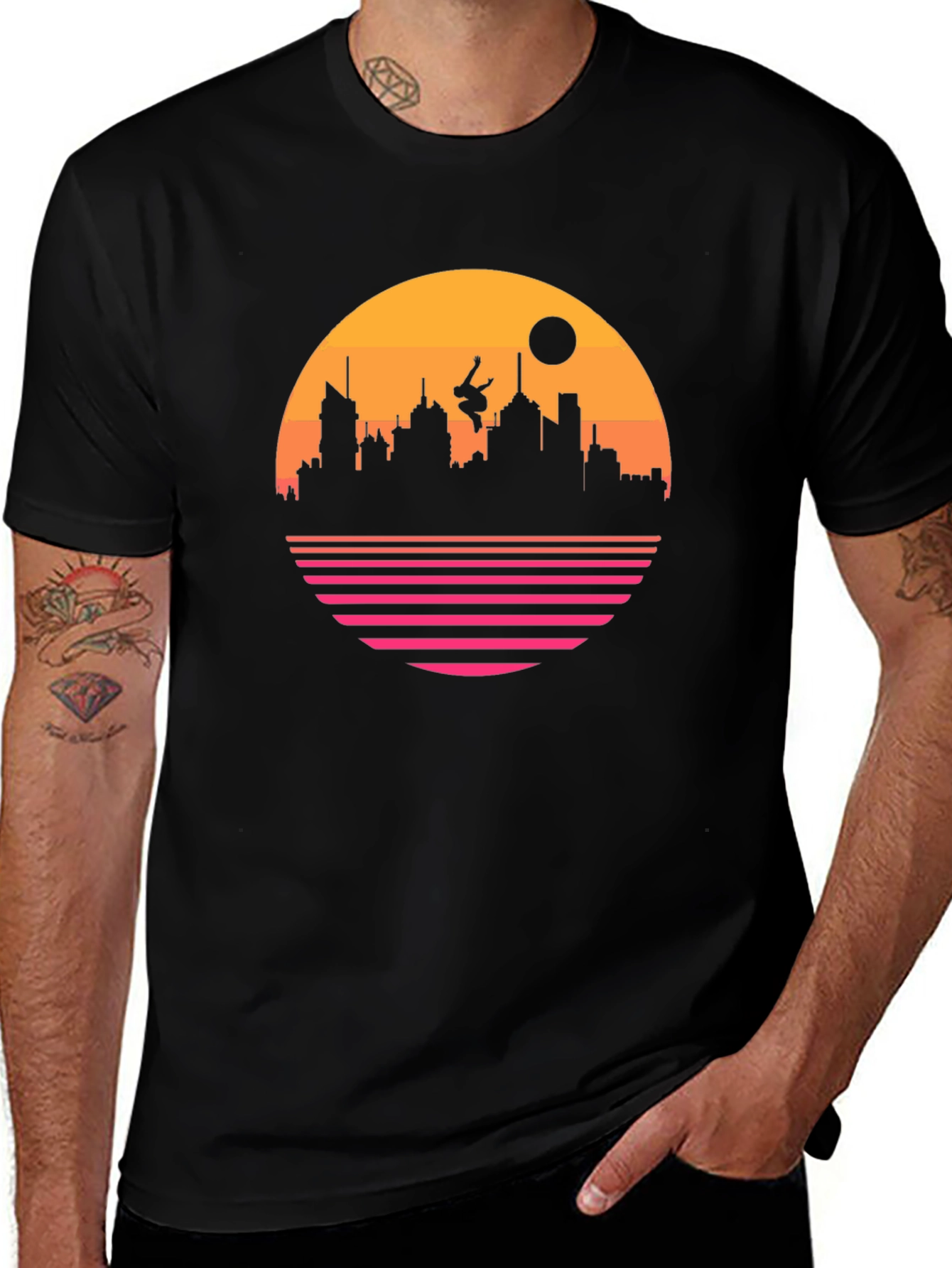 Variant 9 of Retro Sunset Cityscape Black T-Shirt