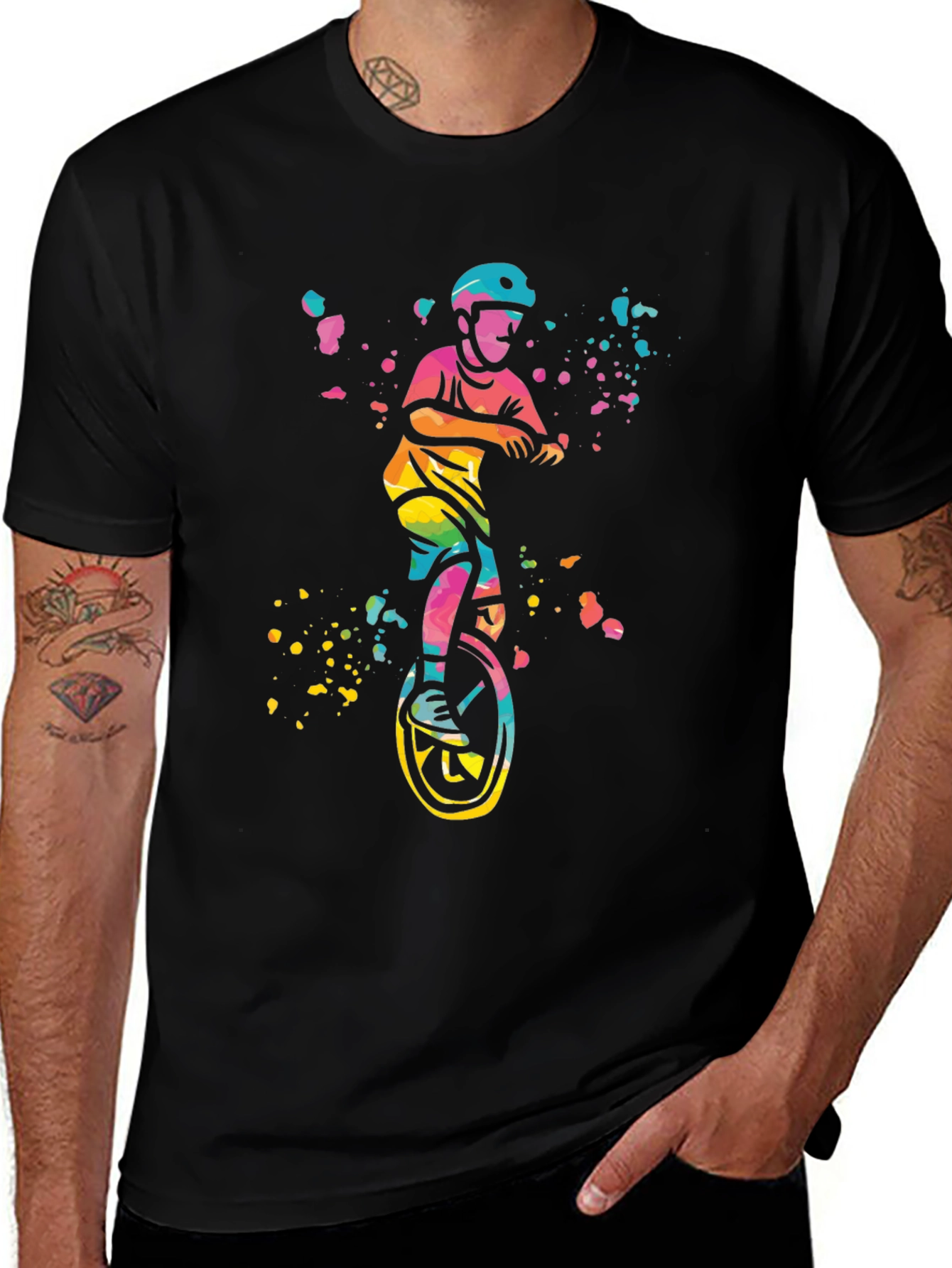 Variant 2 of Unicycle Kid Black Graphic Tee - Colorful Watercolor Design