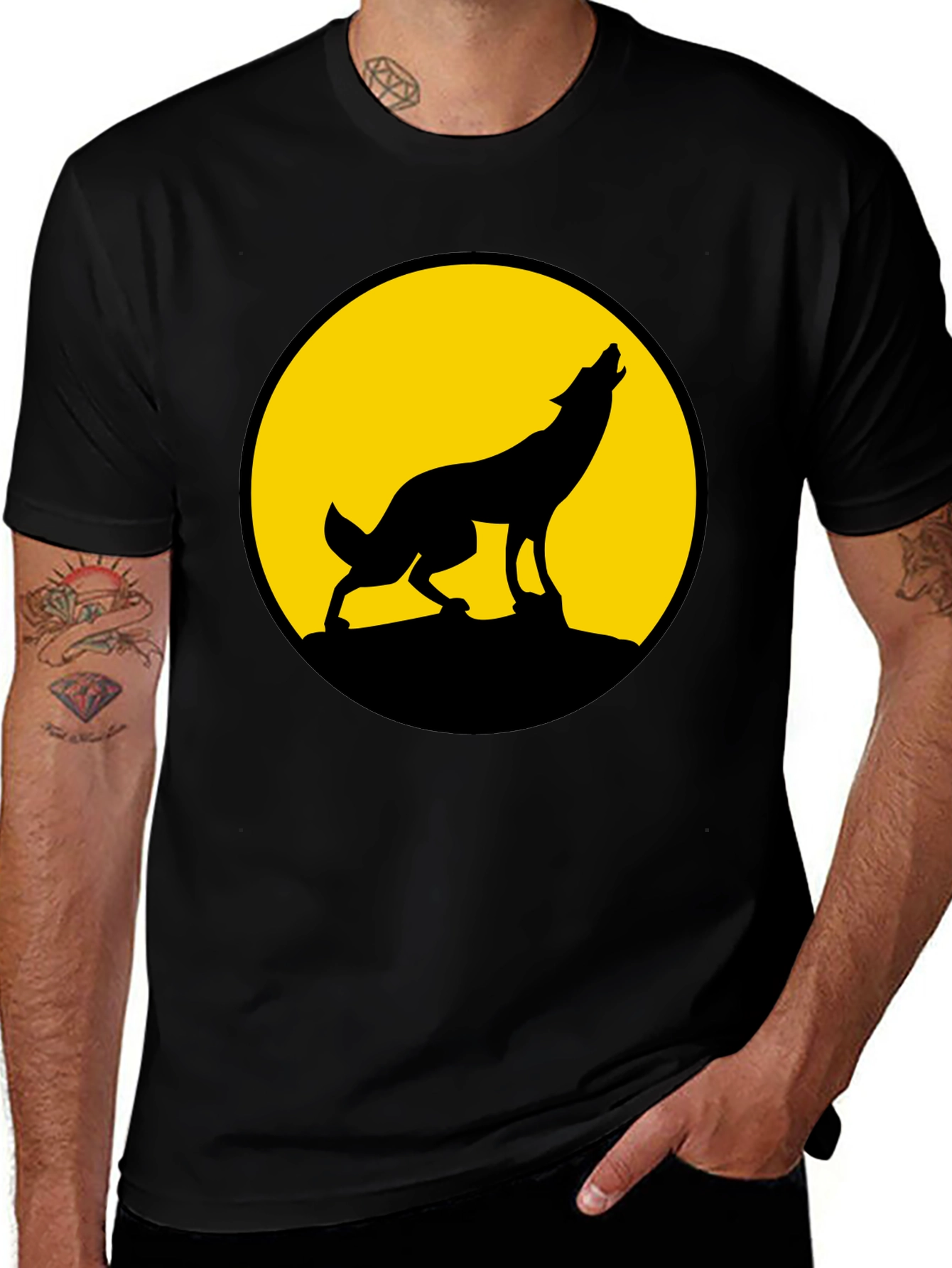 Variant 21 of Wolf Howling at Moon Graphic Tee - Black