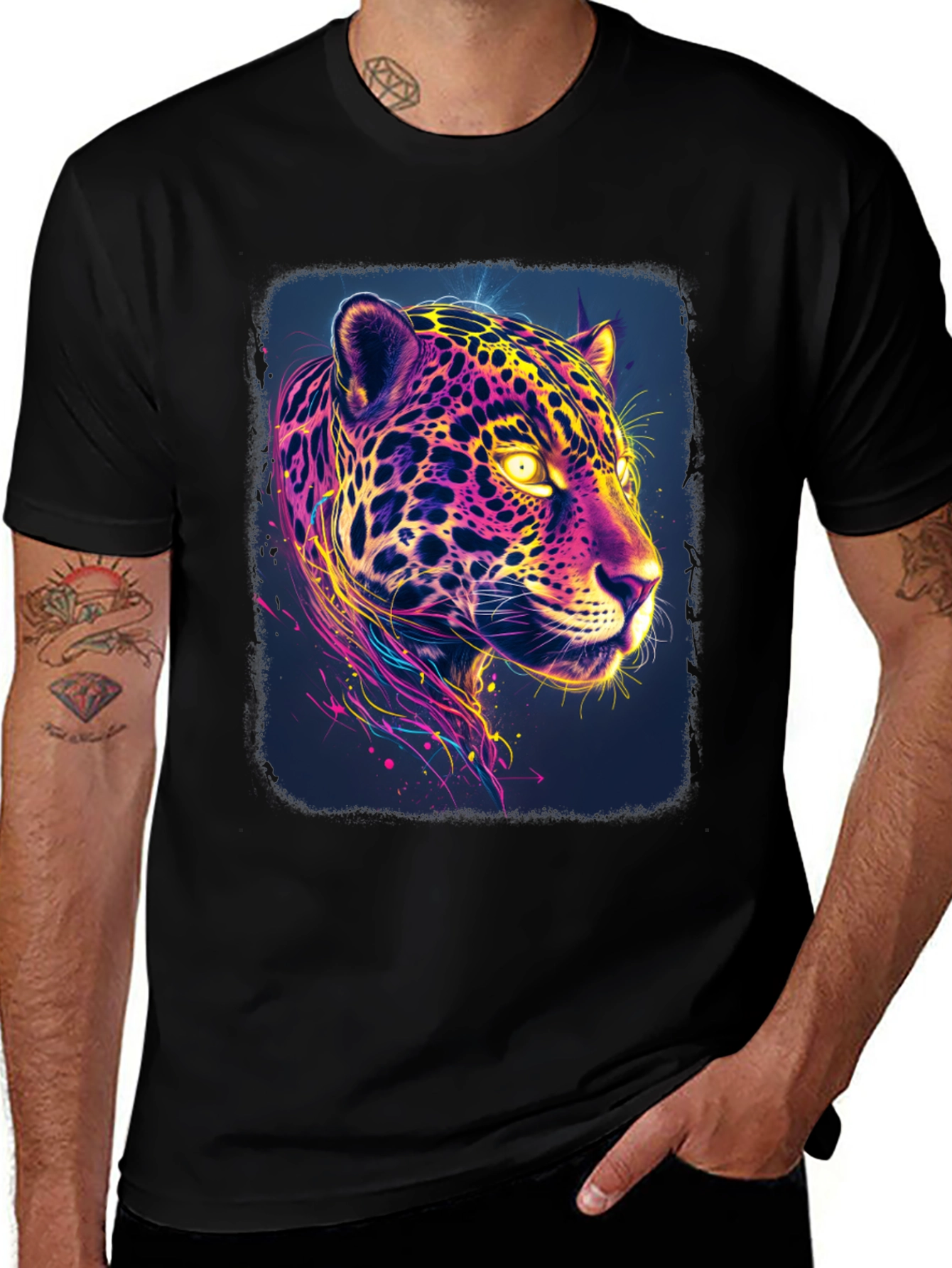 Variant 17 of Vibrant Neon Jaguar Graphic Black T-Shirt