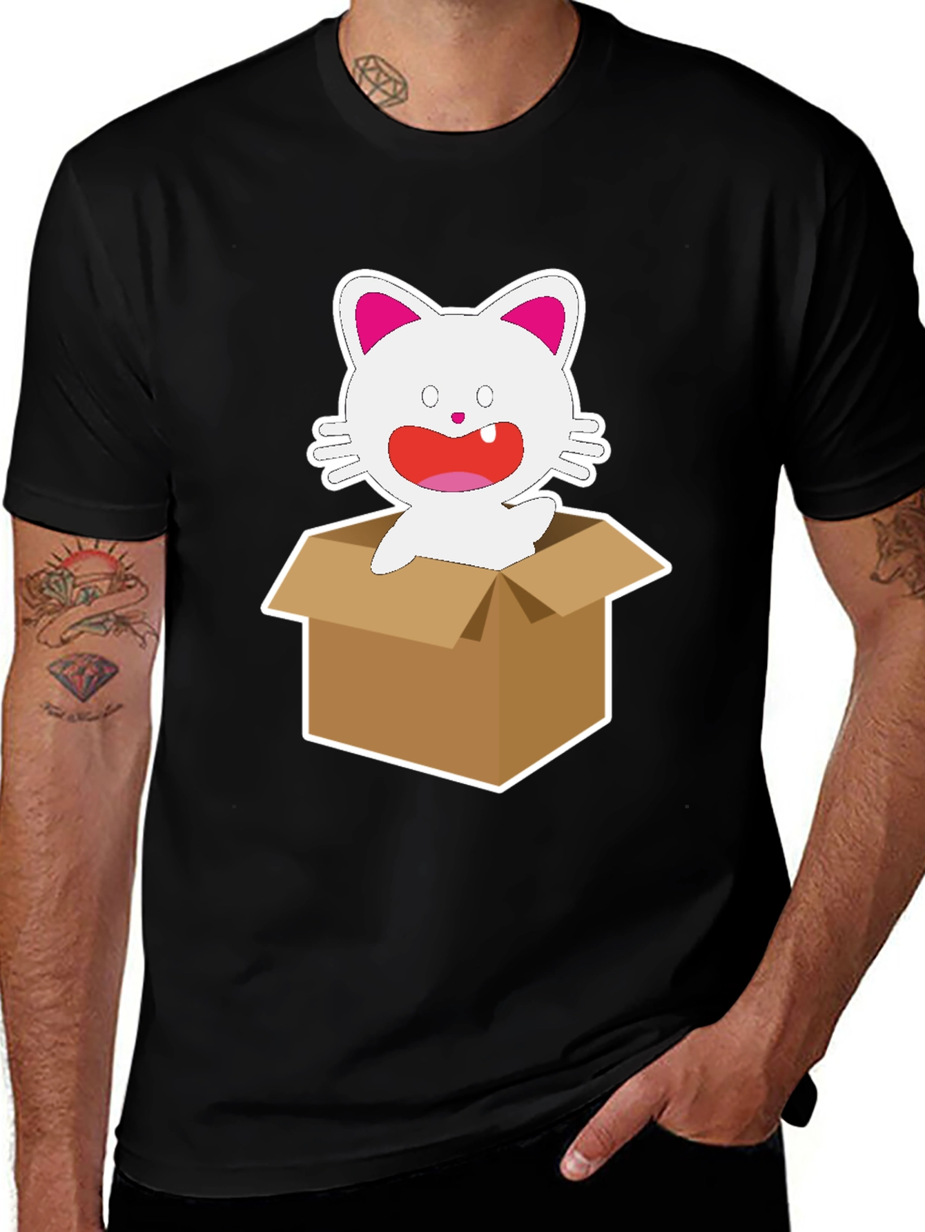 Variant 14 of Cartoon Cat in Box Graphic Tee - Unisex Black T-Shirt