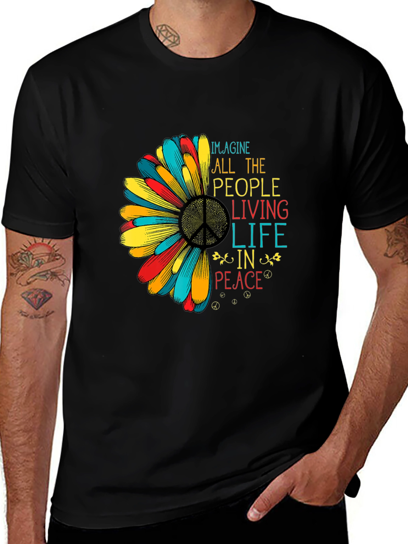 Variant 24 of Imagine Peace Graphic T-Shirt - Black Cotton Tee