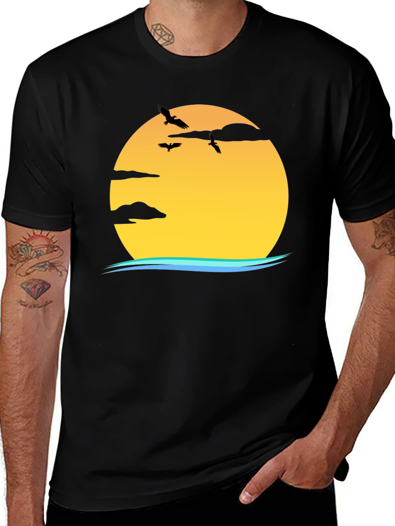 Sunset Birds Graphic Black T-Shirt