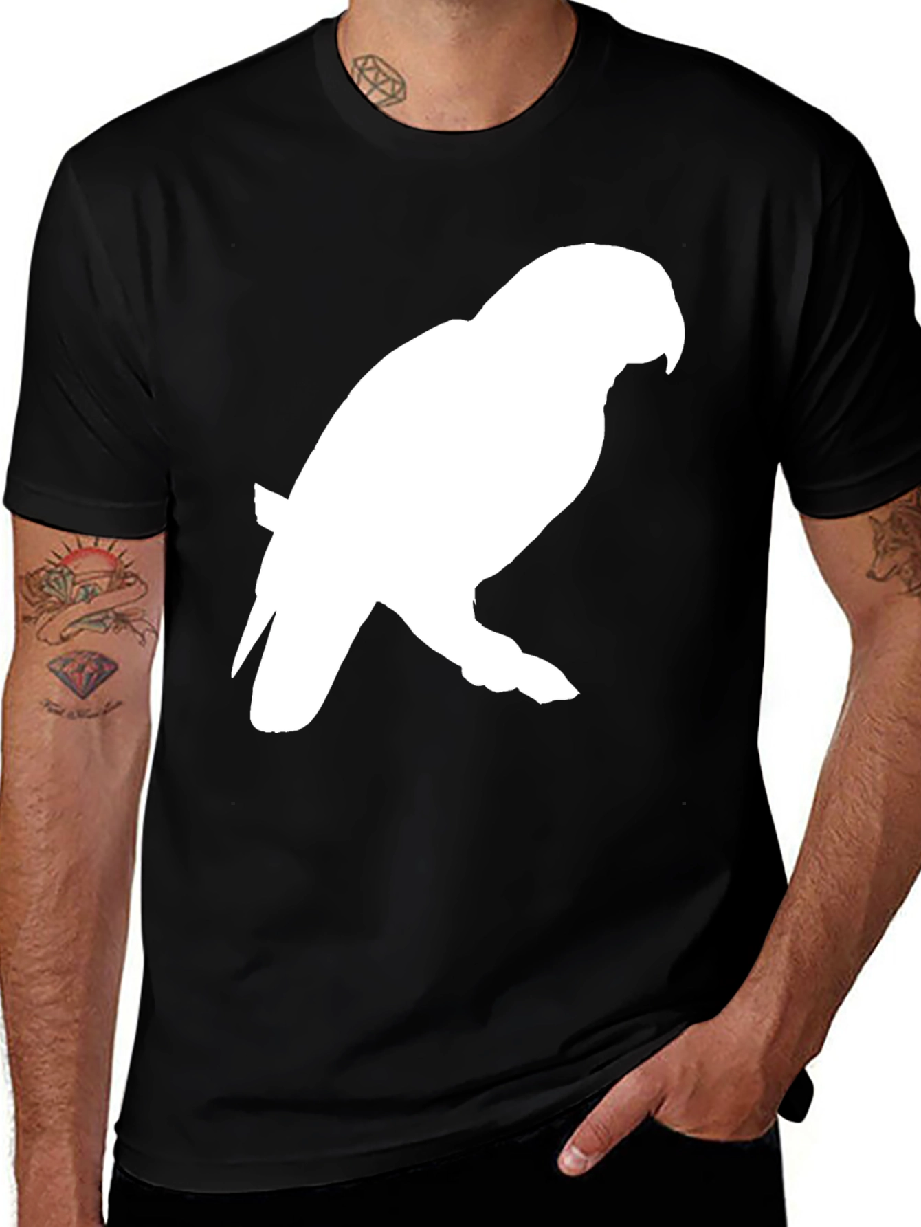 Variant 25 of Black T-Shirt with White Parrot Graphic