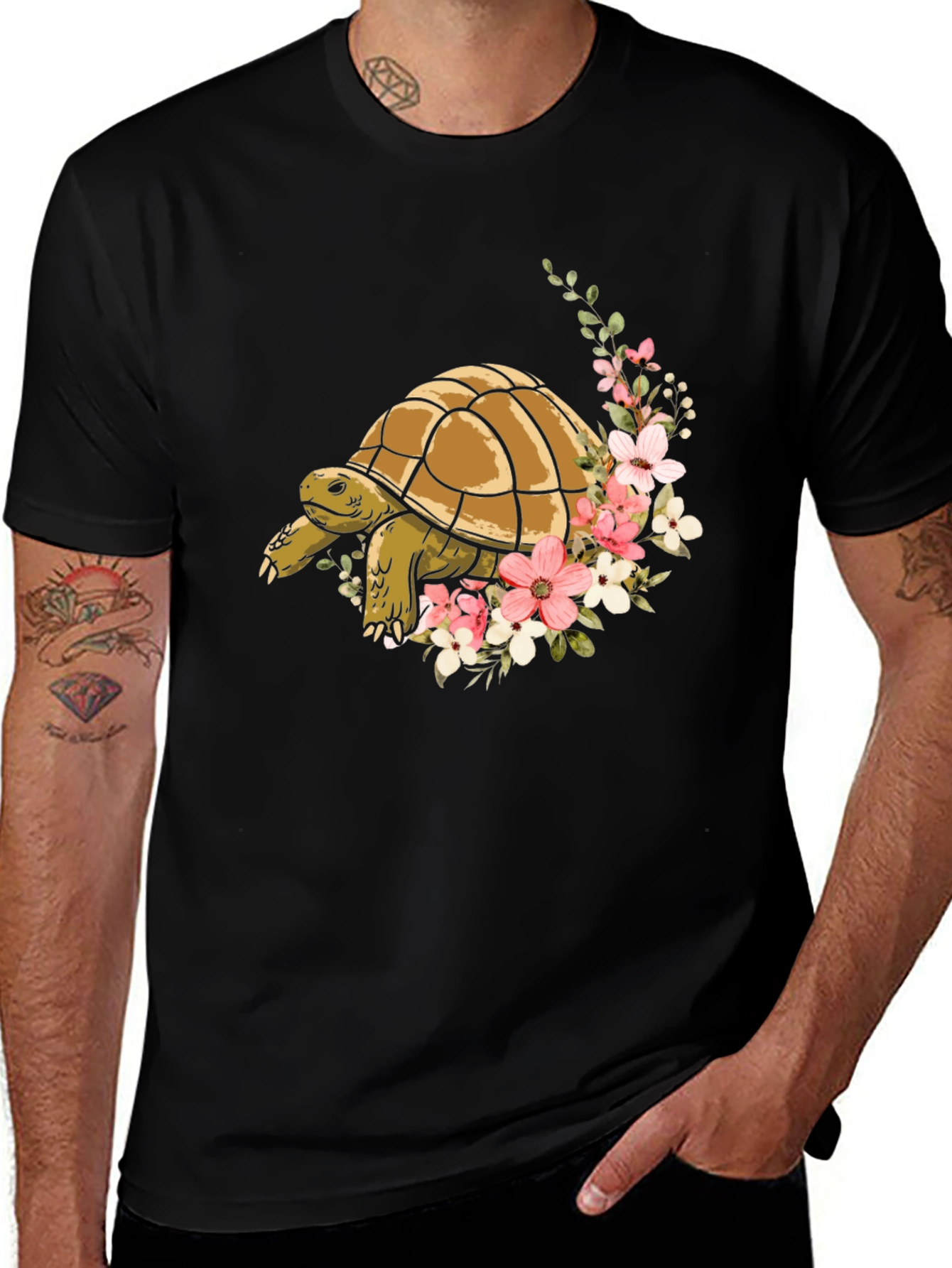 Variant 14 of Turtle & Floral Graphic Tee - Stylish Men's Black T-Shirt