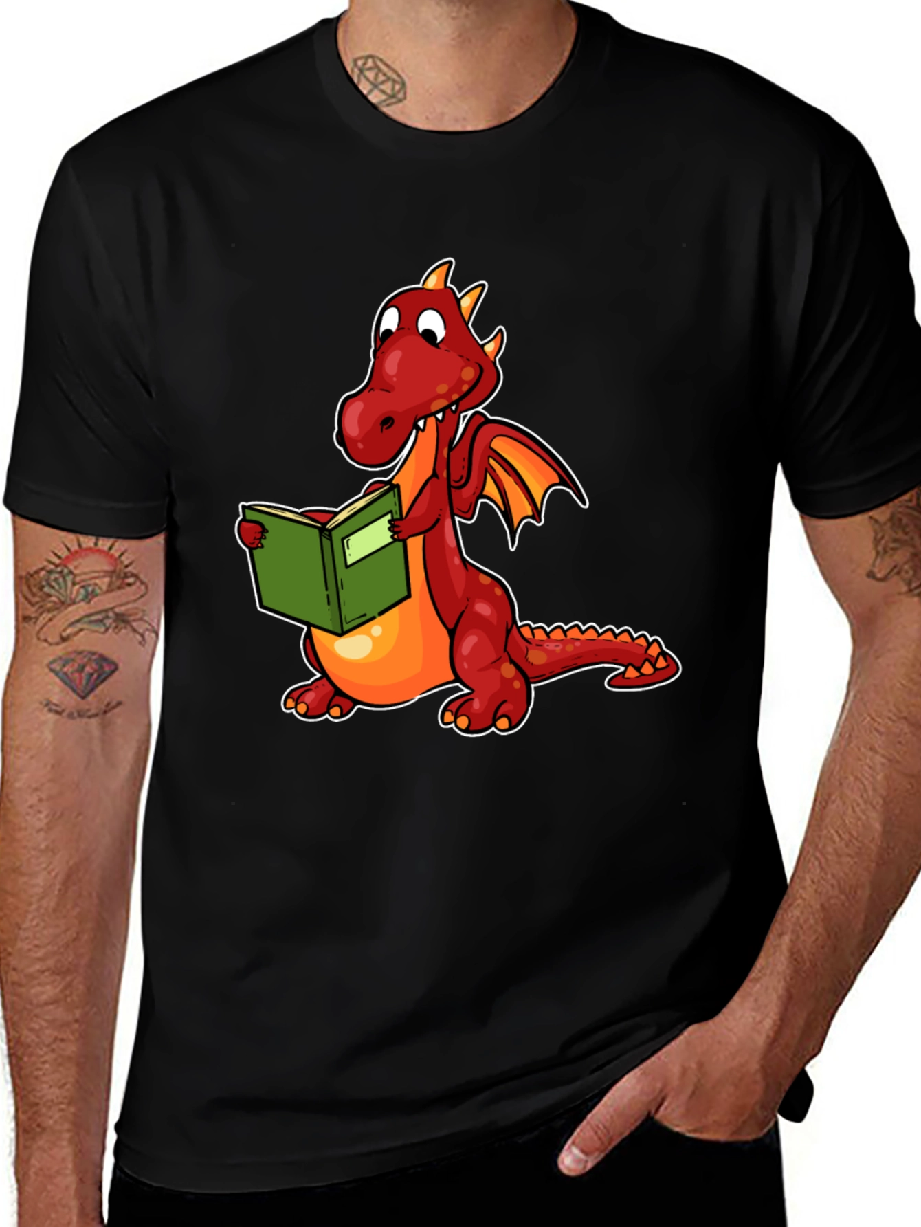 Variant 6 of Reading Dragon T-Shirt - Black Cotton Graphic Tee