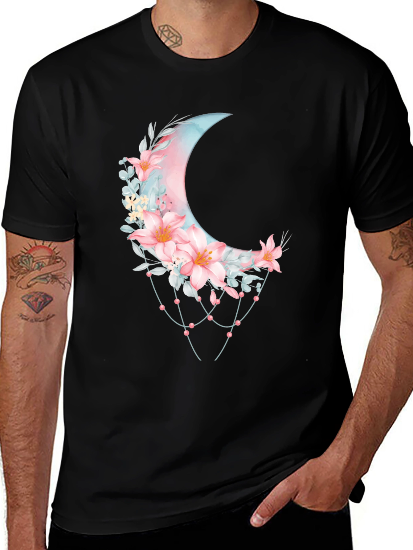 Variant 29 of Floral Crescent Moon Graphic Tee - Black