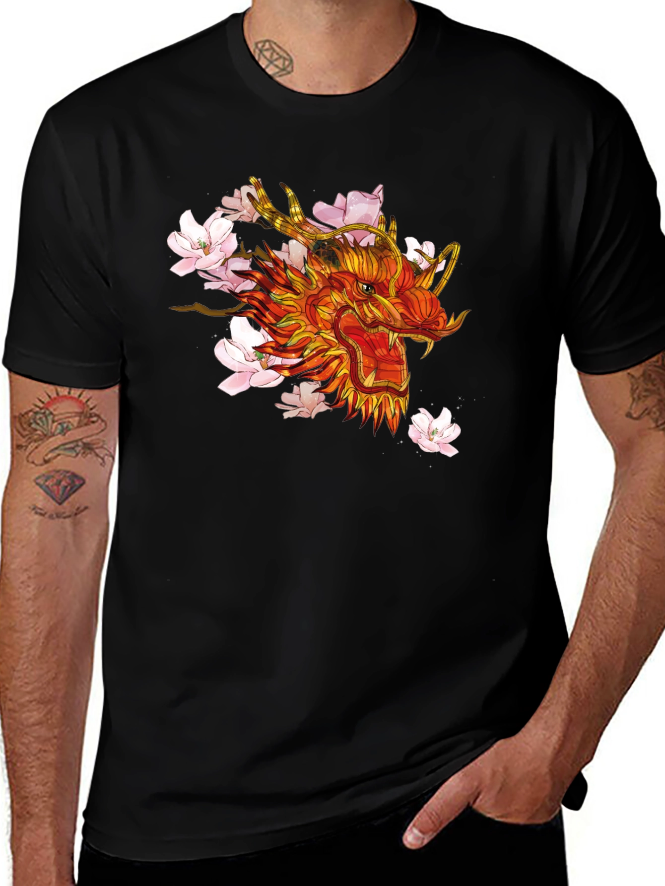 Variant 26 of Dragon & Cherry Blossom Graphic Black T-Shirt