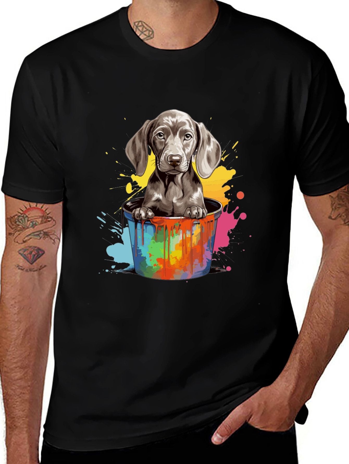 Cute Dog in Paint Bucket Graphic Tee - Stylish Men's Black T-Shirt