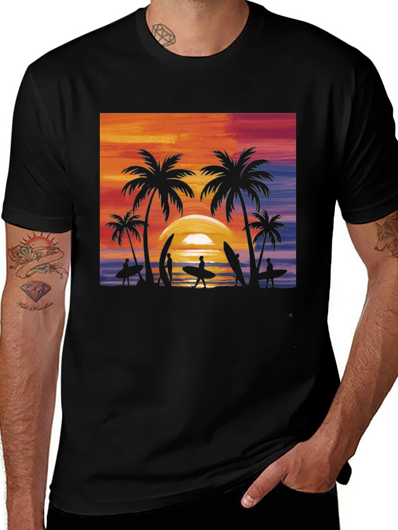 Variant 13 of Sunset Palm Tree Surfer Graphic Tee - Black