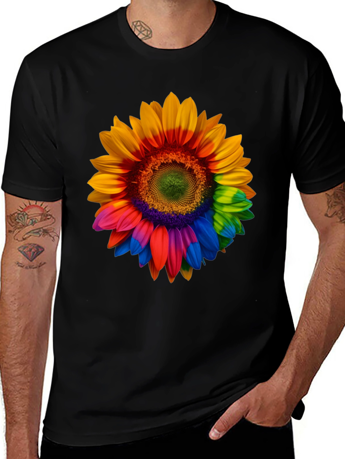 Variant 14 of Rainbow Sunflower Graphic Tee - Black Cotton Comfort