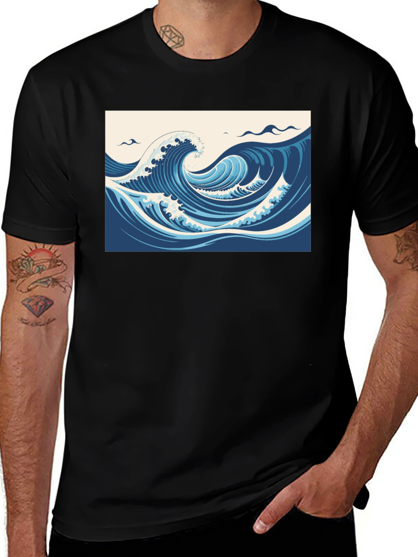 Variant 21 of Ocean Wave Graphic Tee - Black Cotton T-Shirt