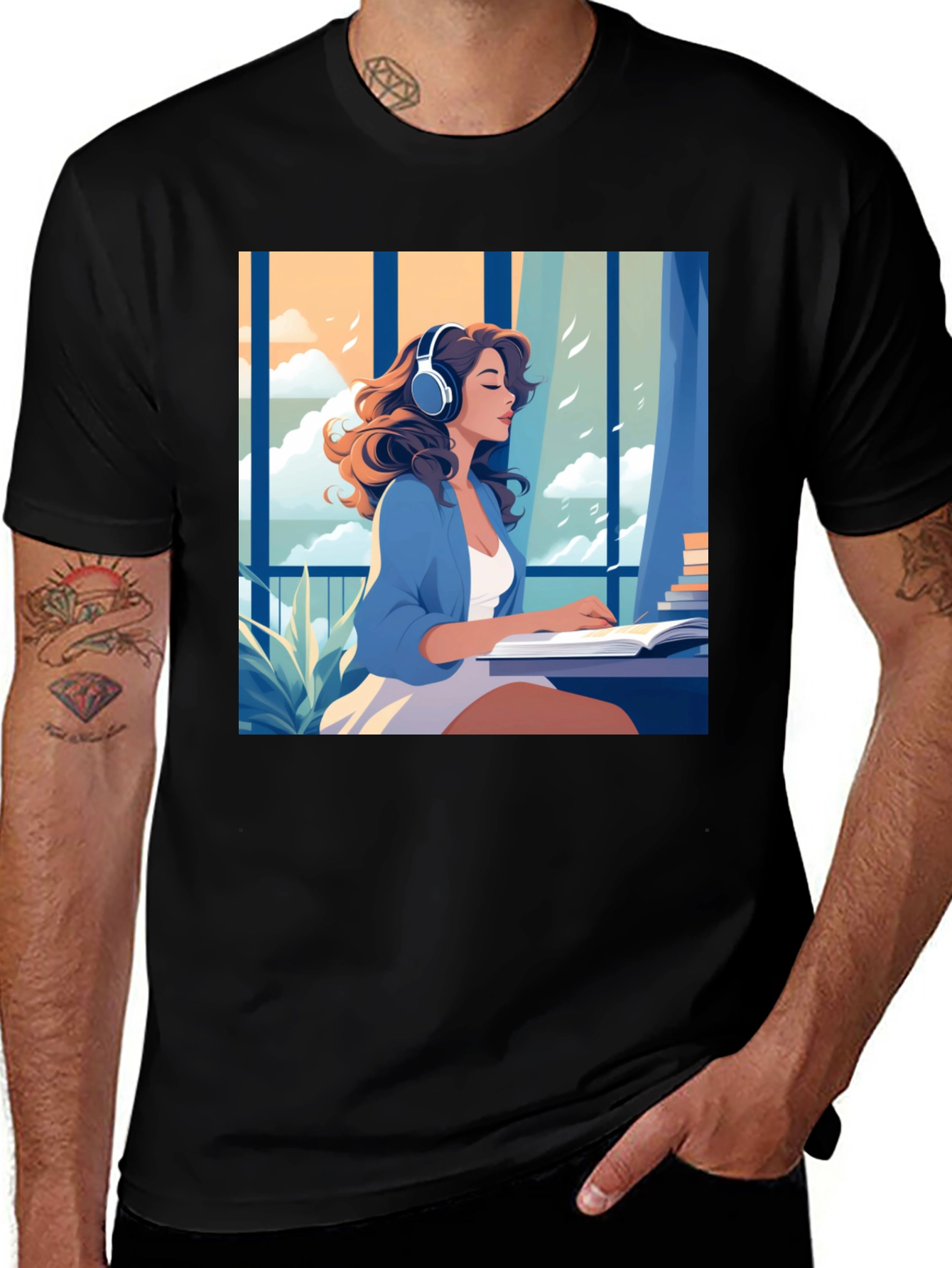 Variant 17 of Stylish Black Graphic Tee - Woman Listening to Music Design