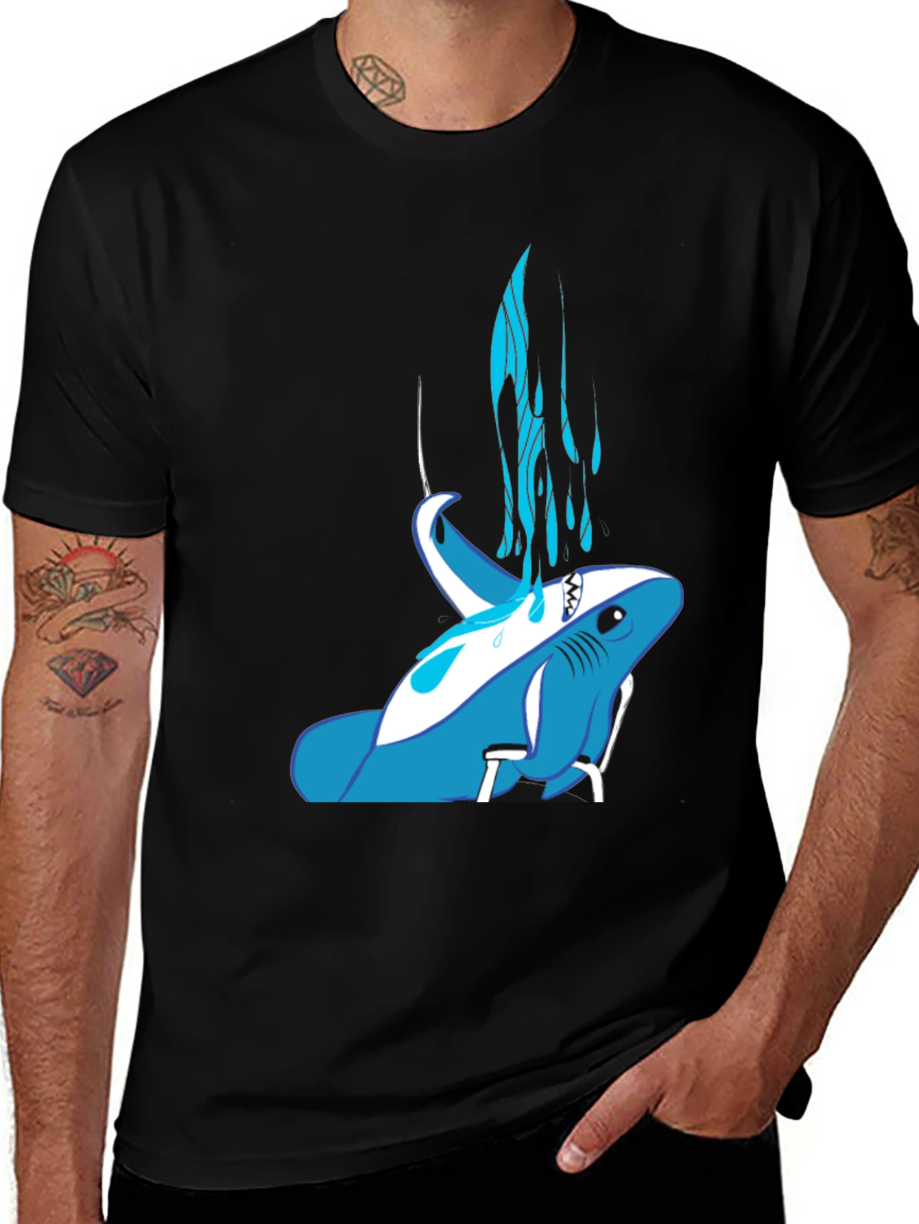 Variant 25 of Cartoon Shark Graphic Tee - Black Cotton Blend