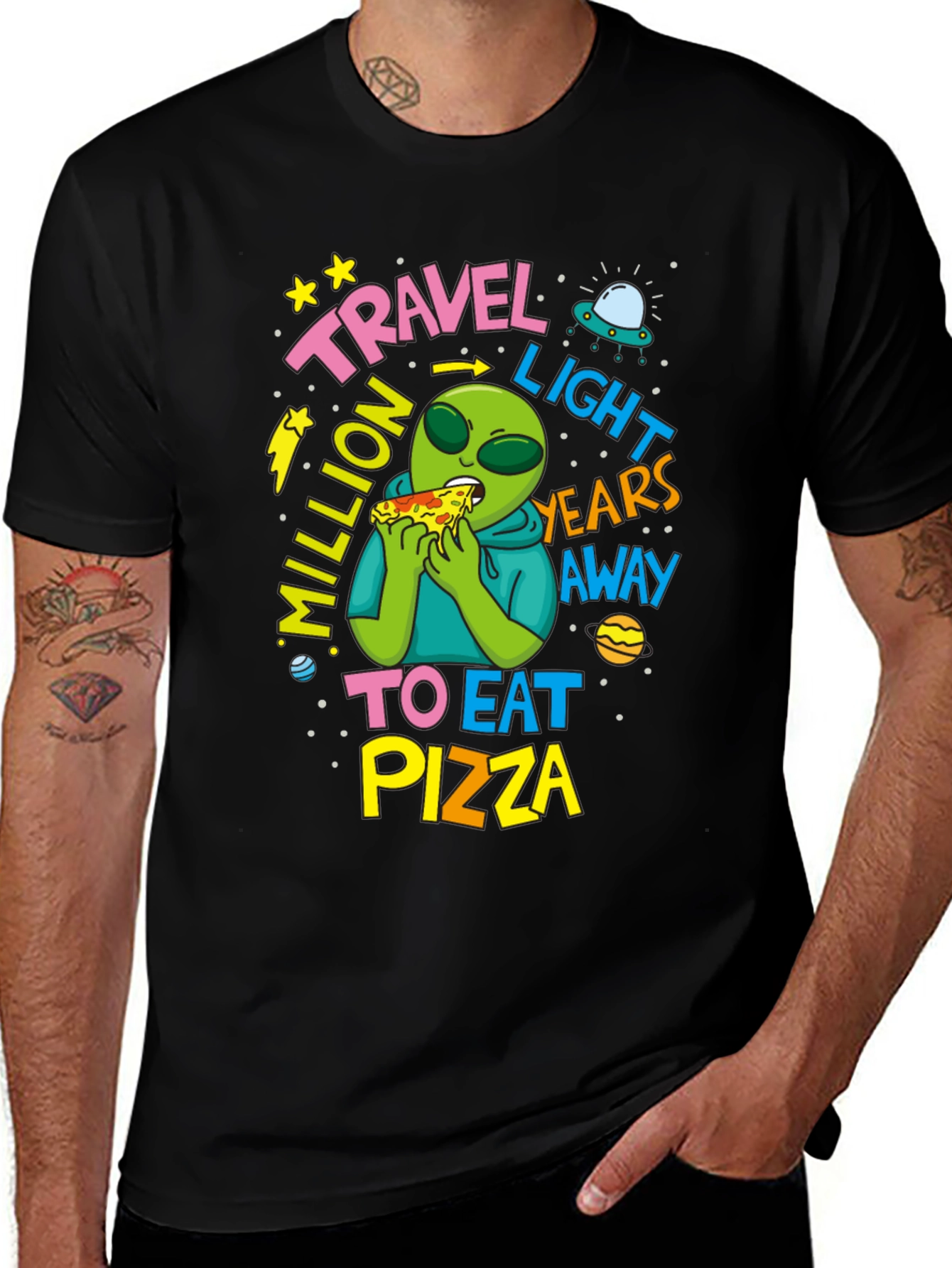 Variant 3 of Travel Light Years Away To Eat Pizza Alien T-Shirt