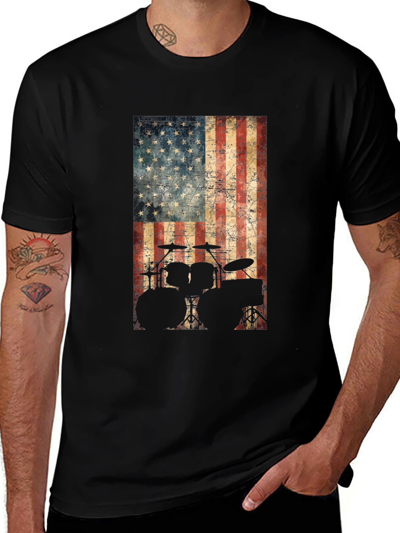 Variant 10 of American Flag Drummer T-Shirt - Patriotic Music Tee